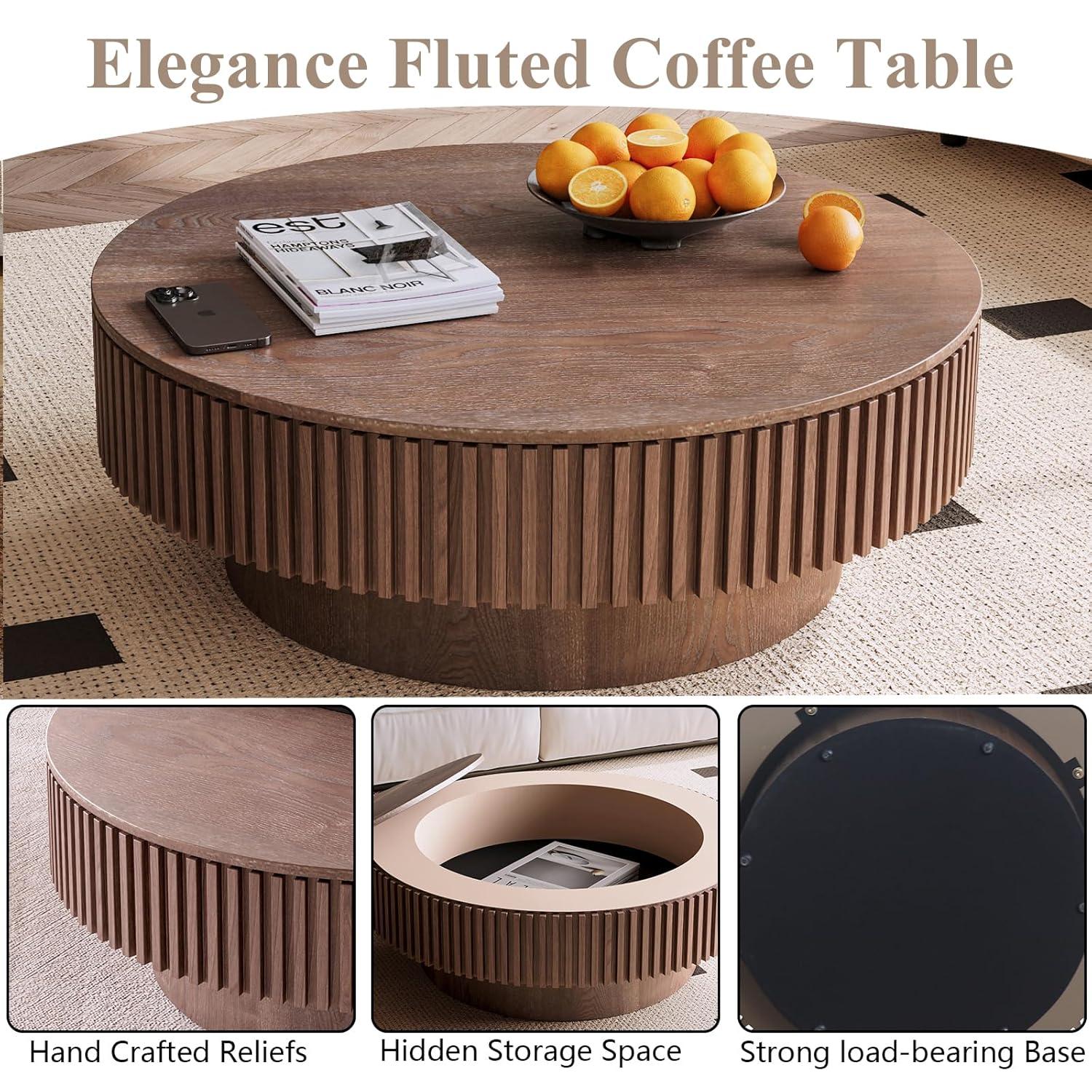 31.5" Round Wood Coffee Table with Storage - Modern Drum Circle Fluted Side Table for Apartment, Office - Easy Assembly, Walnut