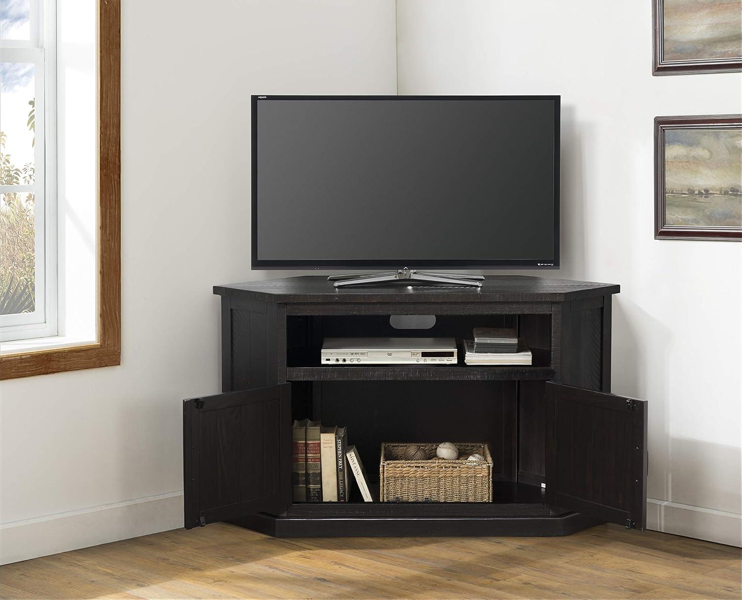 Espresso Rustic Solid Pine Corner TV Stand with Cabinet