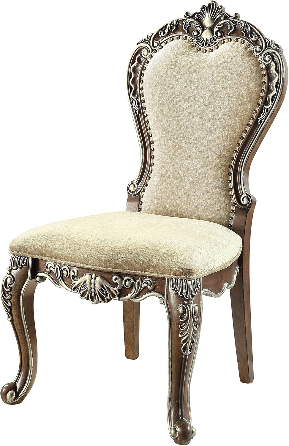 Antique Oak and Gray Chenille Upholstered Side Chair with Nailhead Trim