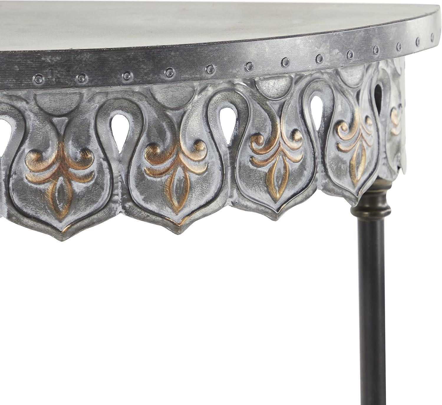 Gray Metal and Wood Demilune Console Table with Storage