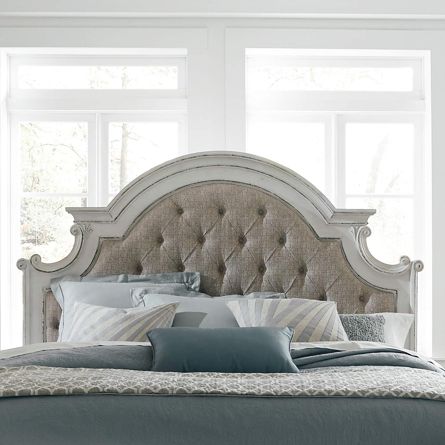 Traditional Beige King Upholstered Bed with Tufted Headboard