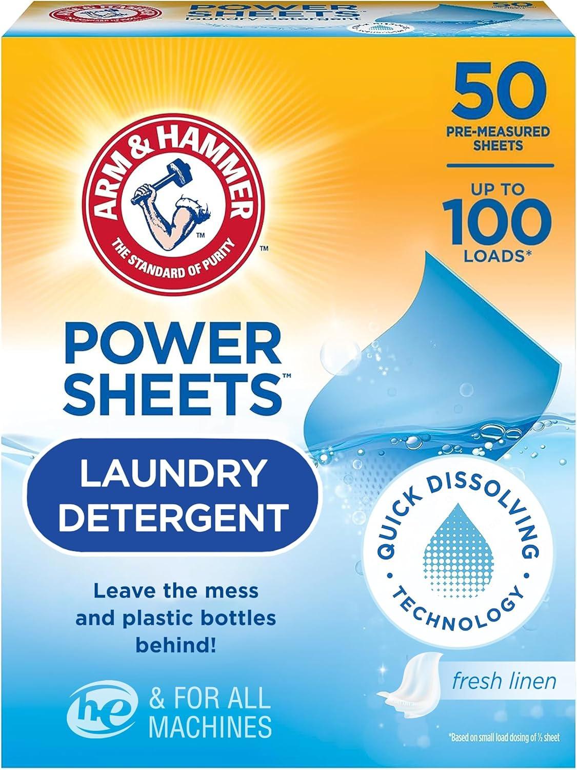 ARM & HAMMER Power Sheets Laundry Detergent Sheets, Fresh Linen, 50 Count, up to 100 Loads