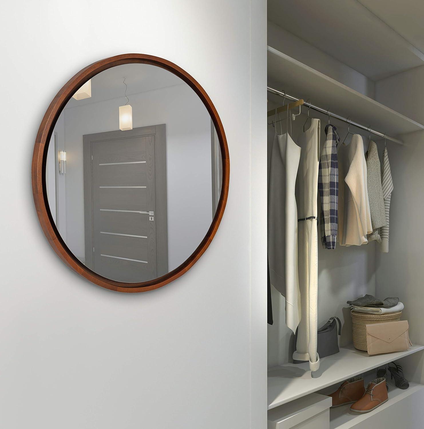 Kate & Laurel All Things Decor 30" Evans Round Wall Mirror Walnut Brown: Modern Style, Wood Frame, No Assembly Required