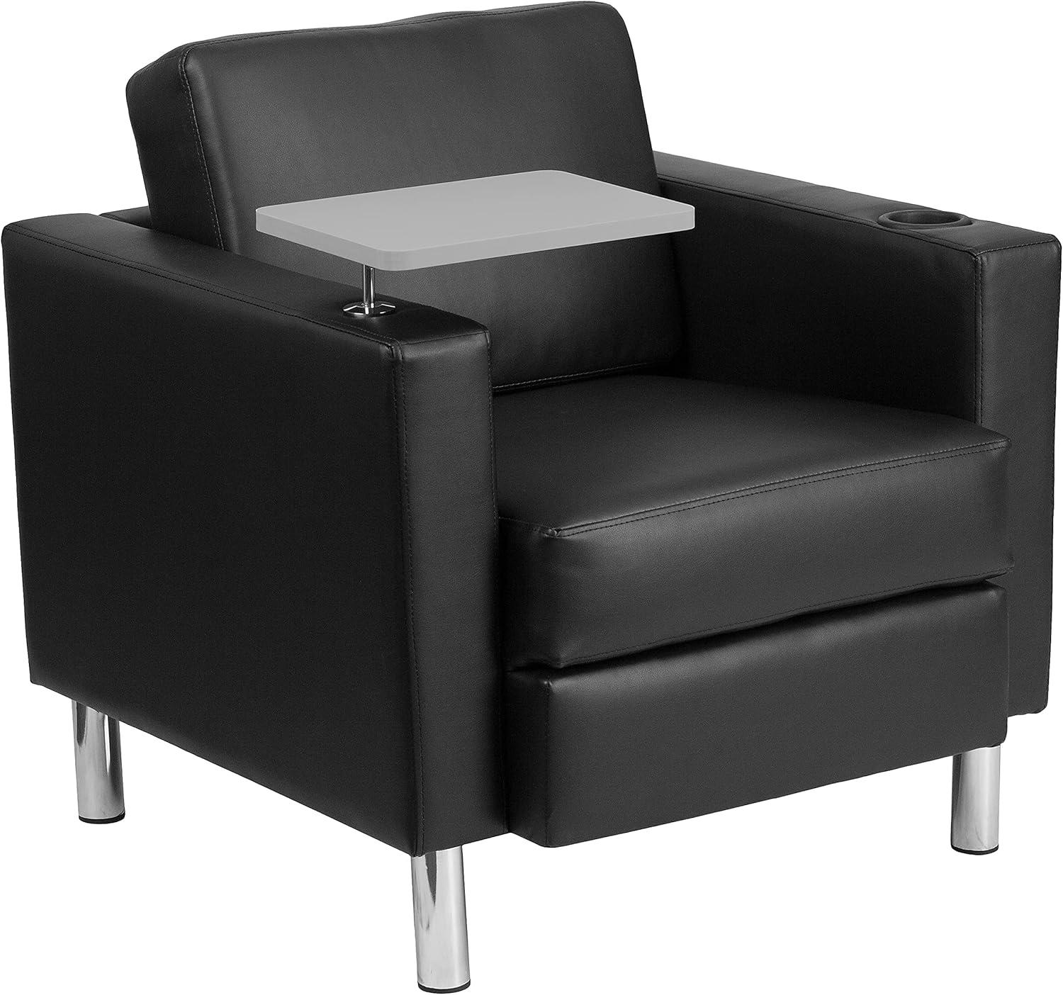 Flash Furniture George Black LeatherSoft Guest Chair with Tablet Arm, Tall Chrome Legs and Cup Holder