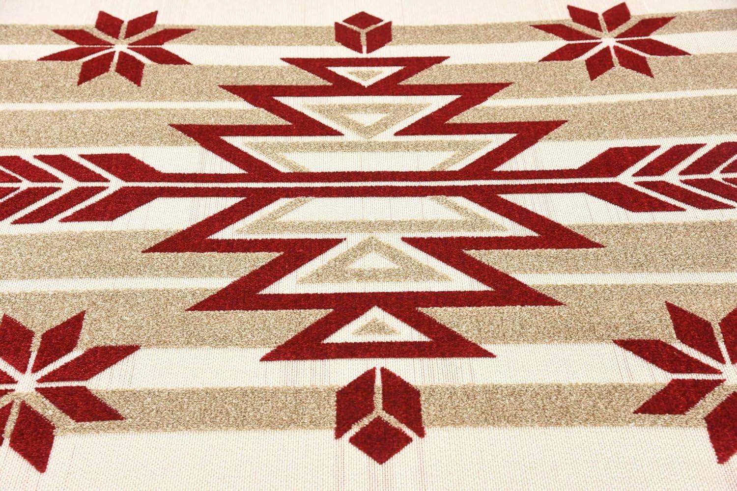 Burgundy and Beige Geometric Outdoor Rectangular Rug