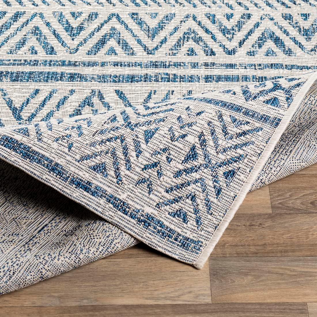 Blue and White Flat Woven Synthetic 10' x 14' Area Rug