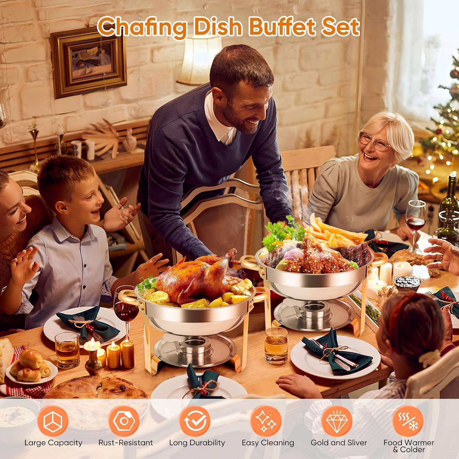 WhizMax Chafing Dish Buffet Set 2 Pack 5QT, Stainless Steel Round Chafing Dishes for Buffet with Lid Holder & Glass Lid, Gold