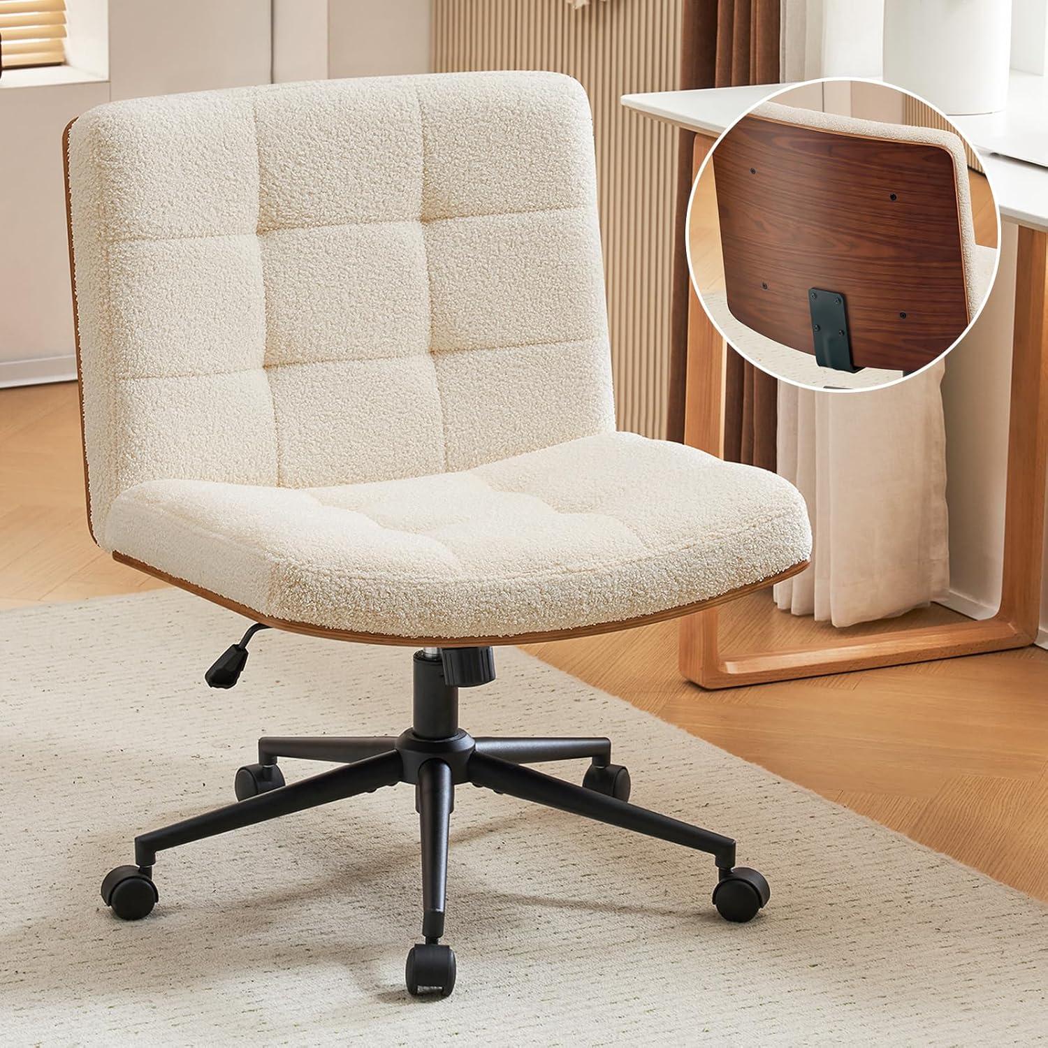 Armless Home Office Task Desk Computer Chair No Wheels PU-Padded Adjustable Swivel Vanity Chair lvory white