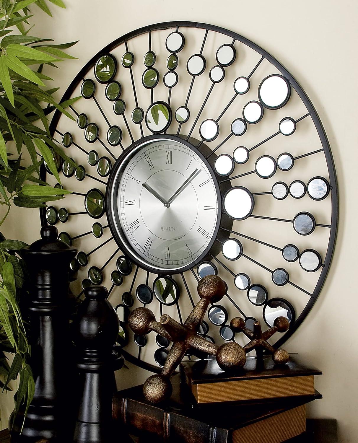 Black Metal Starburst Wall Clock with Mirrored Accents, 26"