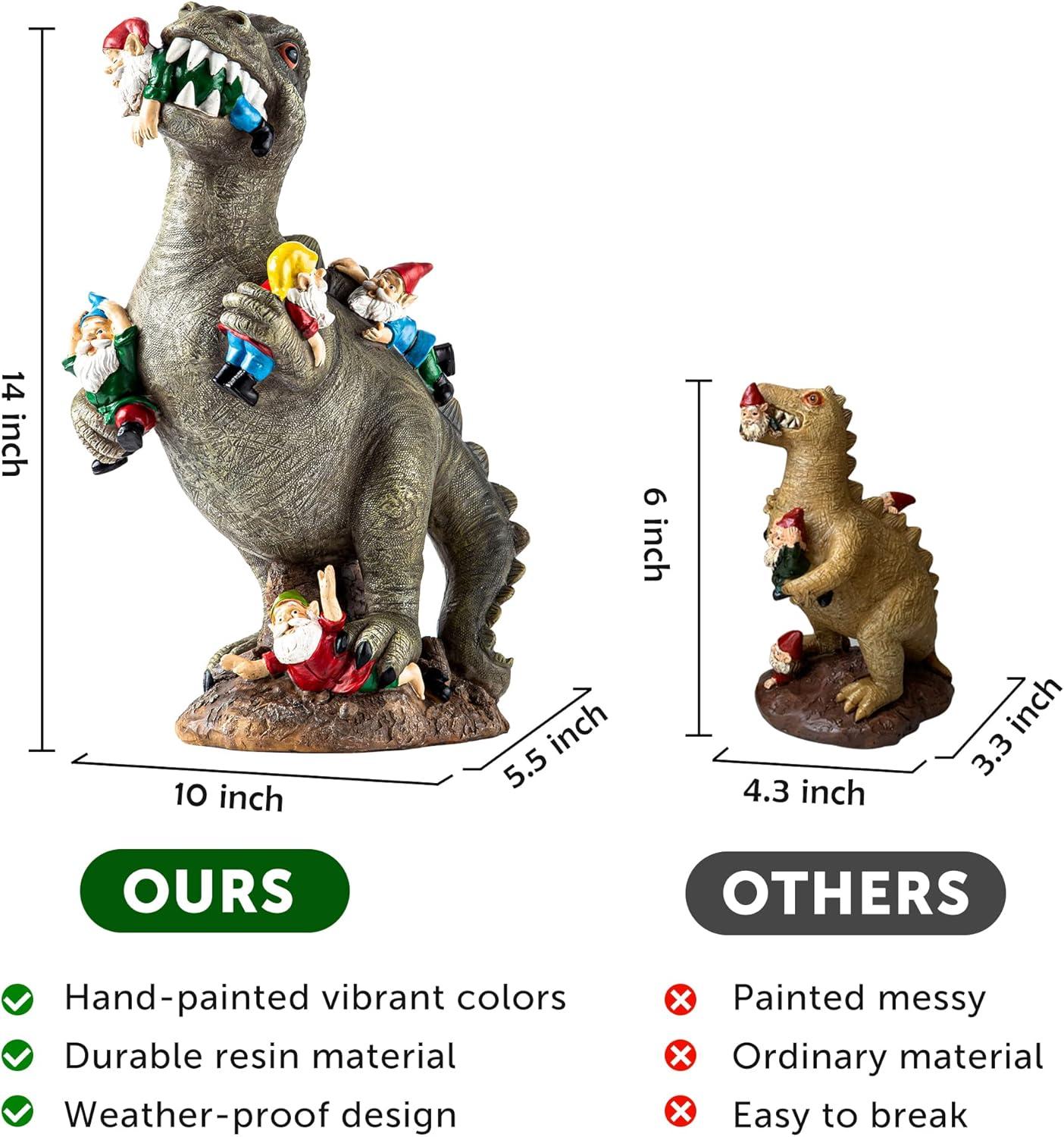 14" Dinosaur and Gnomes Weatherproof Garden Statue