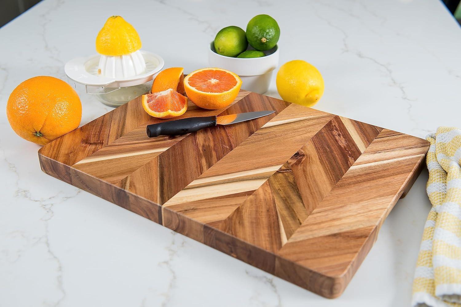 Acacia Herringbone Rectangular Cutting/Serve Board With Inset Handles And Well, Medium   ETA July