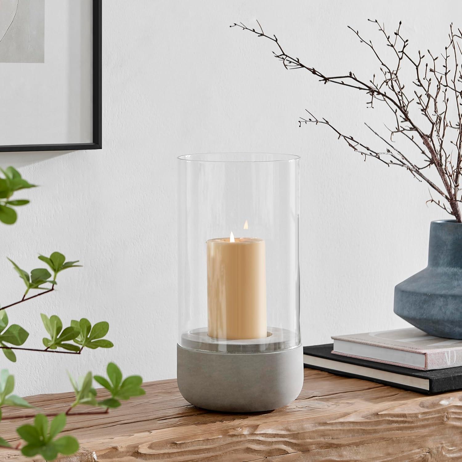 Large Clear Glass and Gray Cement Hurricane Candle Holder