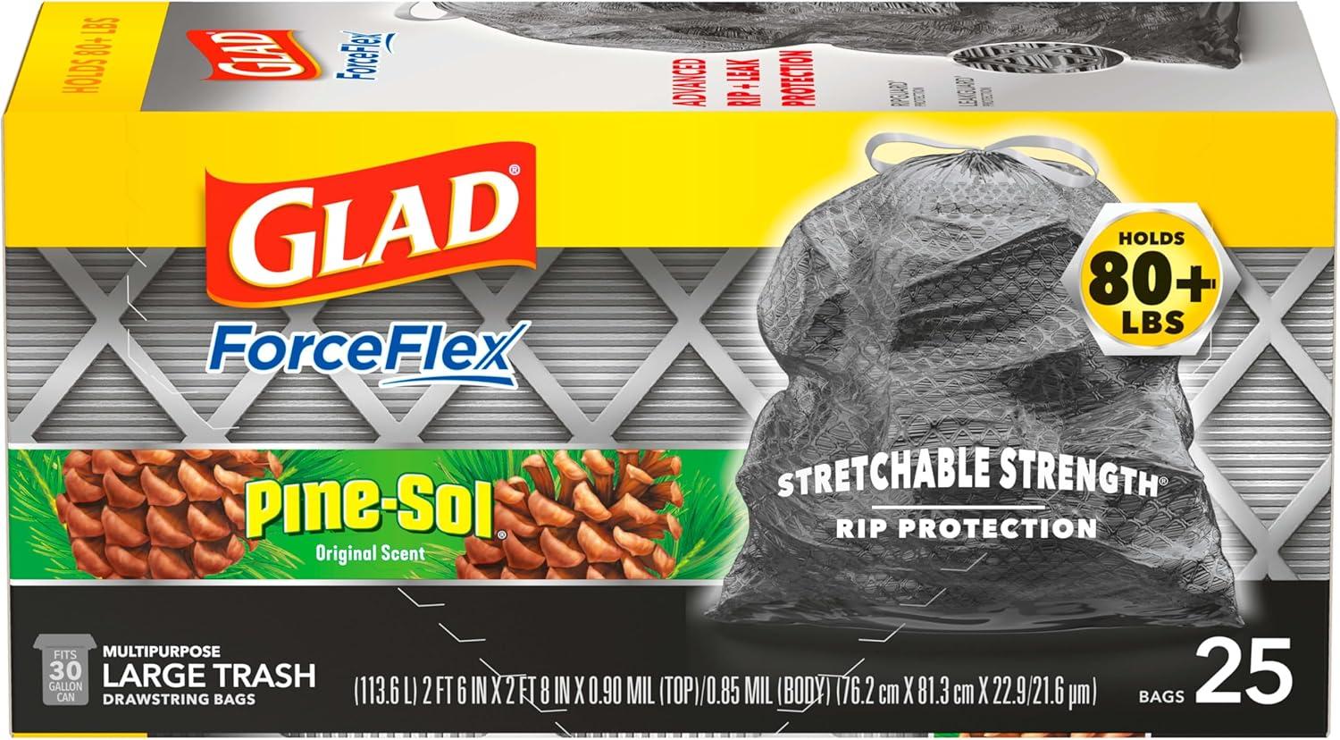 Glad Large Drawstring Trash Bags, Forceflex 30 Gallon Black Trash Bags, 25 Count