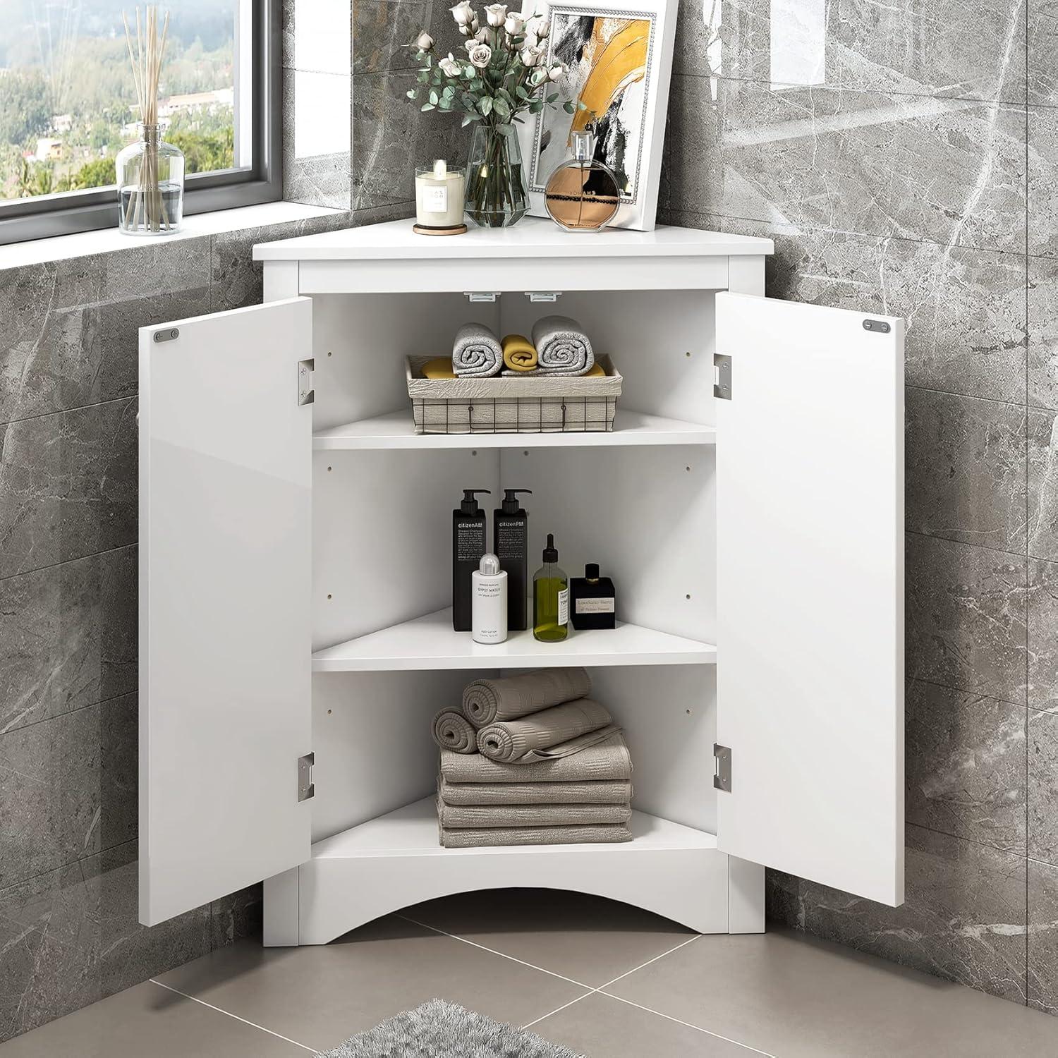 Yardmaster Bathroom Storage Cabinet, Corner Cabinet with 2 Doors and Adjustable Shelves, Freestanding Corner Storage Cabinet for Bathroom, Kitchen, Living Room, White