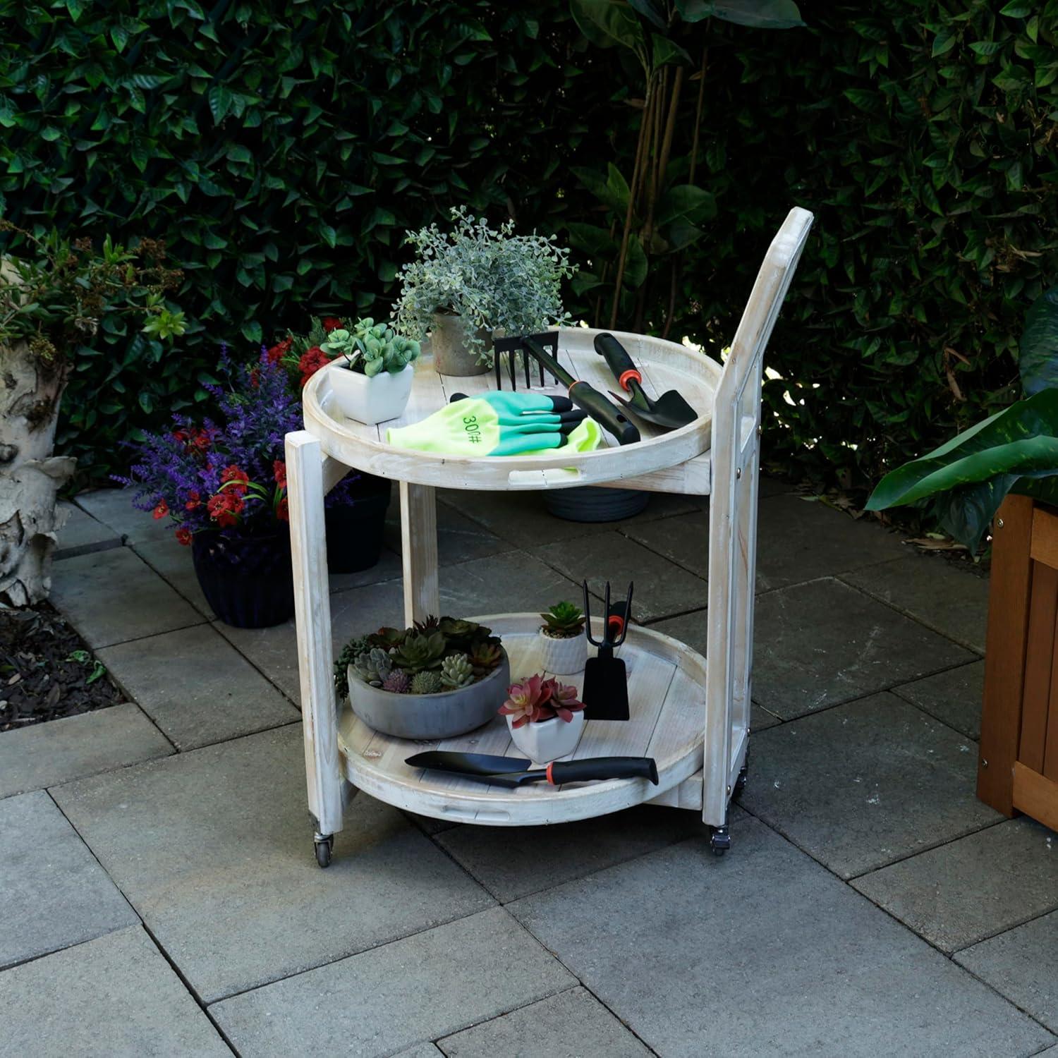 Alpine Corporation MBB172 Wood 2-Tier Rolling Storage Cart for Books, Plants, Decor, Rustic Storage Push Cart with 2 Shelves