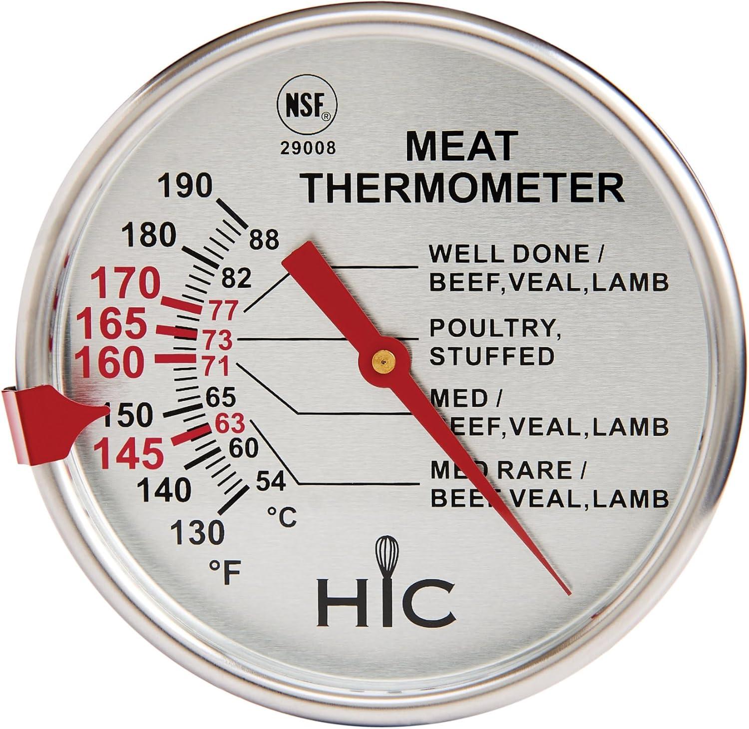 HIC Roasting Meat Thermometer, Oven Safe, Large 3-Inch Easy-Read Face, Stainless Steel Stem and Housing