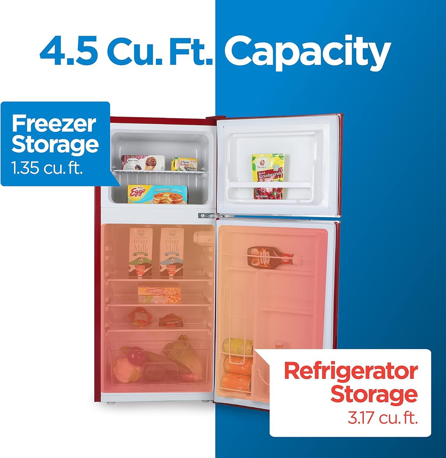Retro Red Compact Refrigerator with True Freezer and Chrome Handles