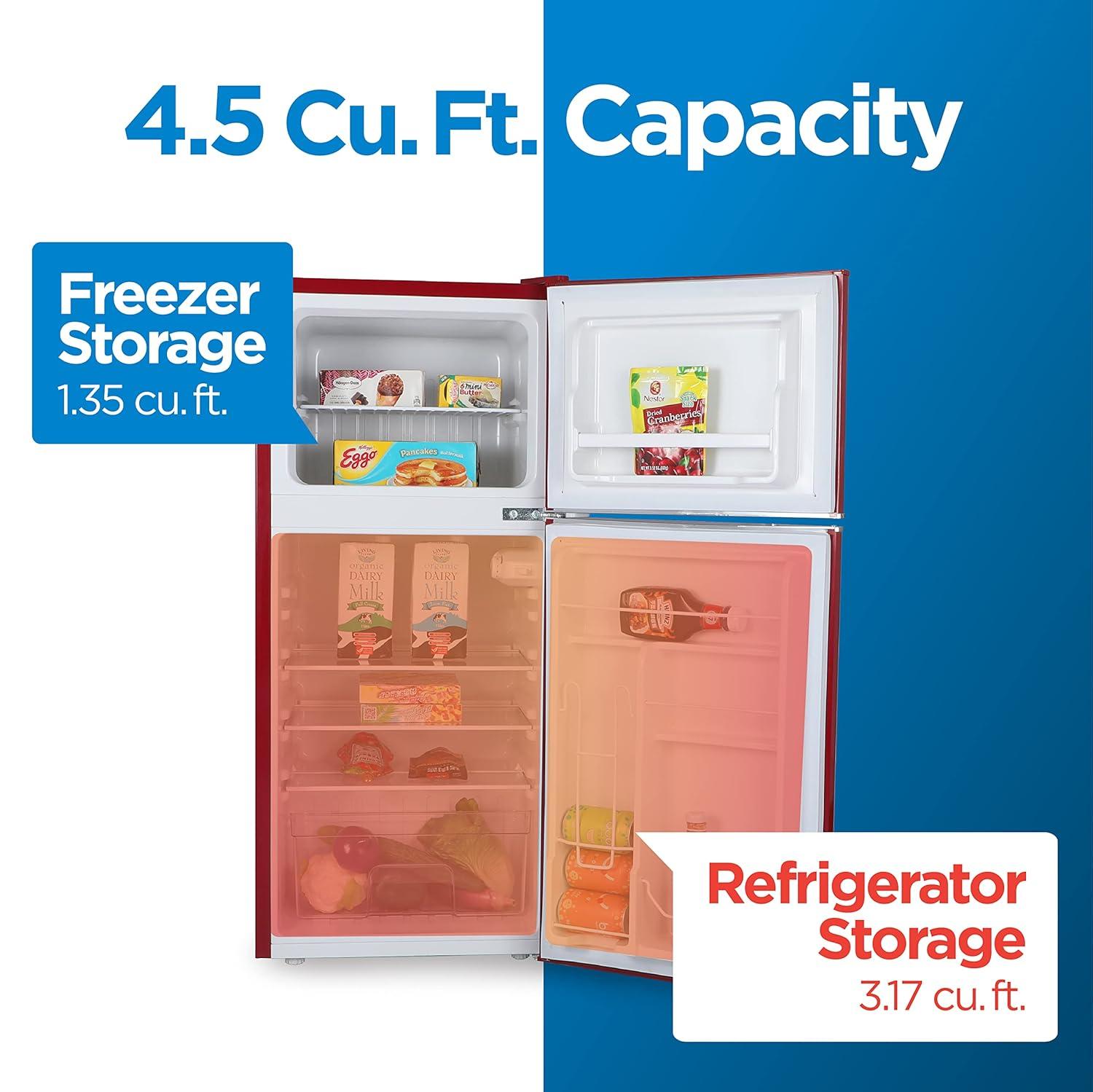 Retro Red Compact Refrigerator with True Freezer and Chrome Handles