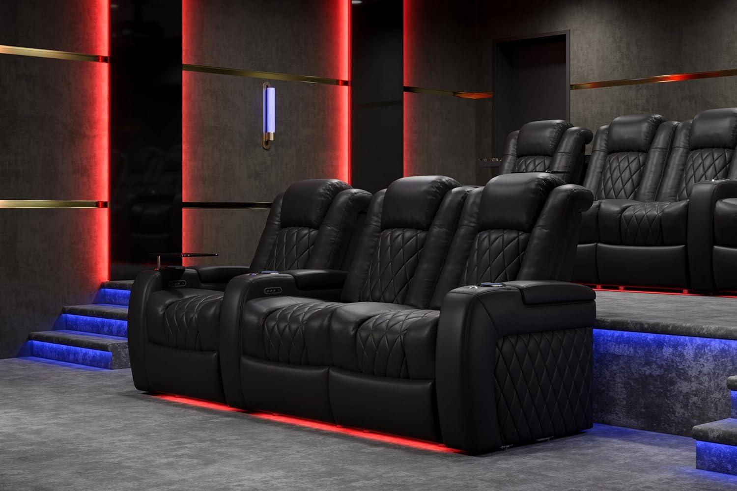 Valencia Tuscany Home Theater Seat - Nappa Leather Power Recliner with Cool Gel Memory Foam, USB-C/USB-A Charging, RGB LED Lights, Adjustable Lumbar & Headrest (Row of 2, Black)