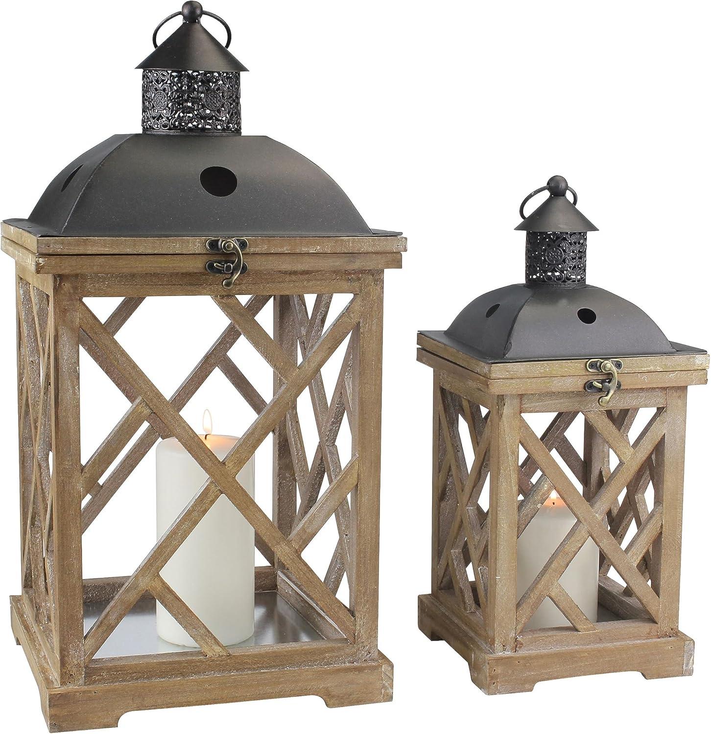 Stonebriar Collection Set of 2 Wooden and Metal Hurricane Candles Lantern Brown : Indoor/Outdoor, Pillar Compatible