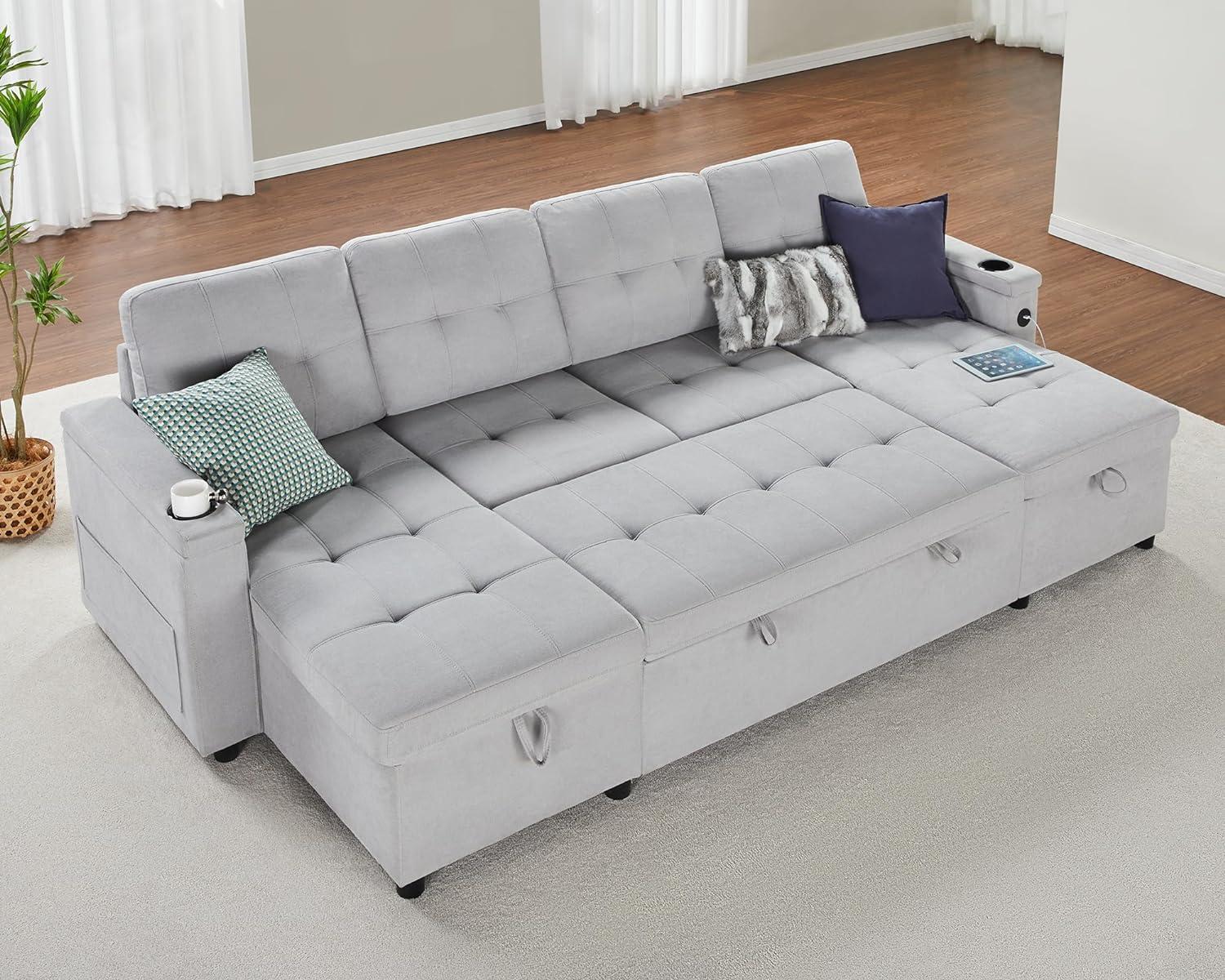 Light Grey Tufted Sleeper Sofa with Storage and Cup Holder