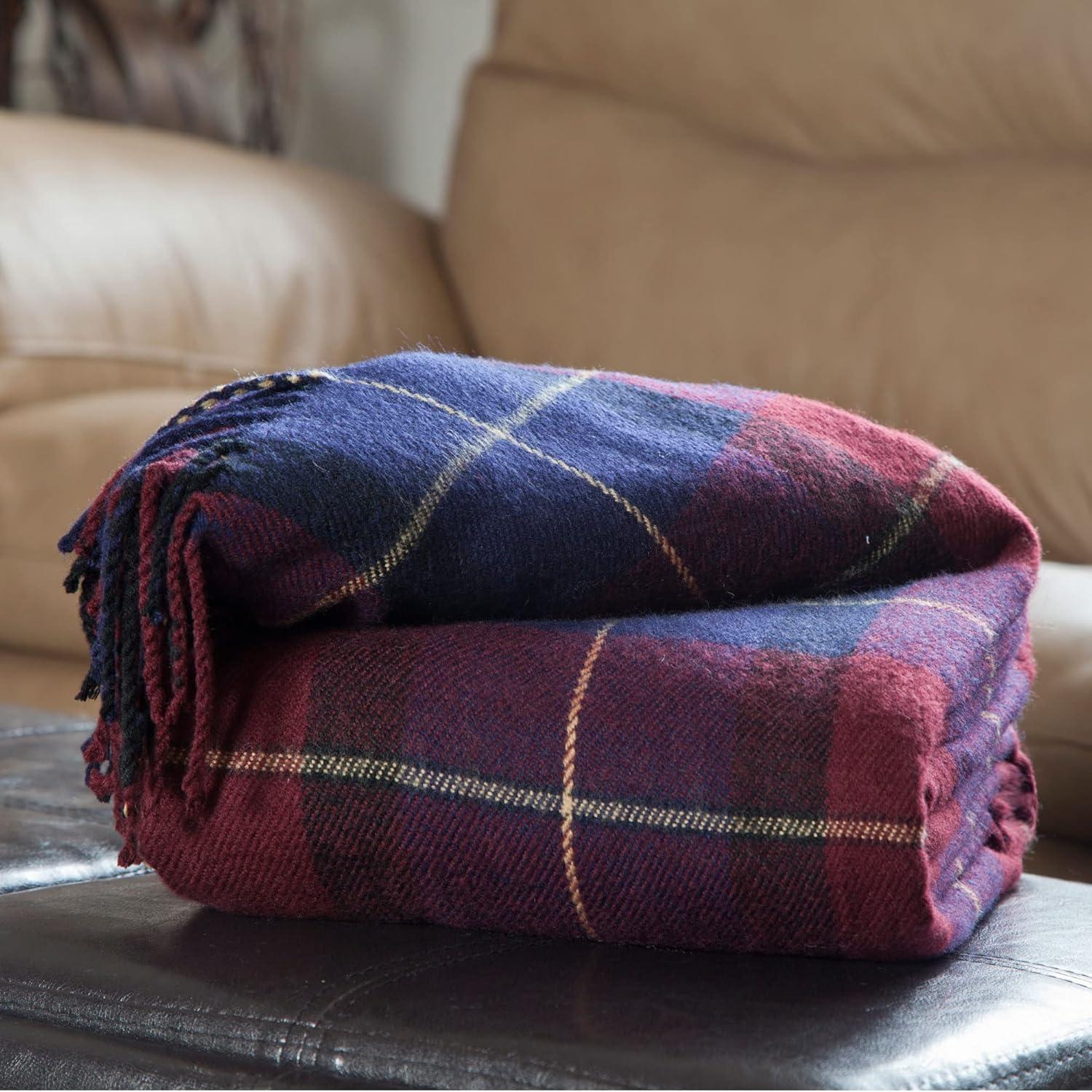 Blue and Red Plaid Wool Throw Blanket with Tassels