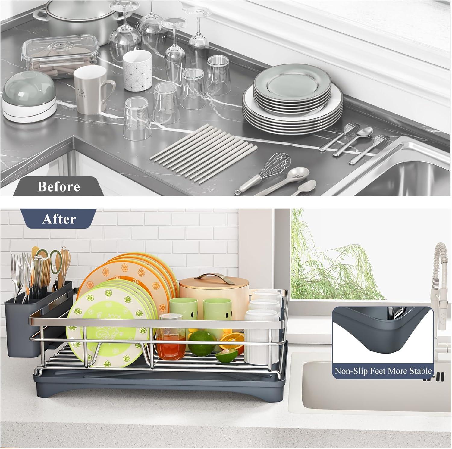 Dish Drying Rack - Stainless Steel Dish Rack for Kitchen Counter, Large-Capacity Dish Drainer with Cutlery Holder, Kitchen Organizer for Dishes, Spoons and Forks, Black