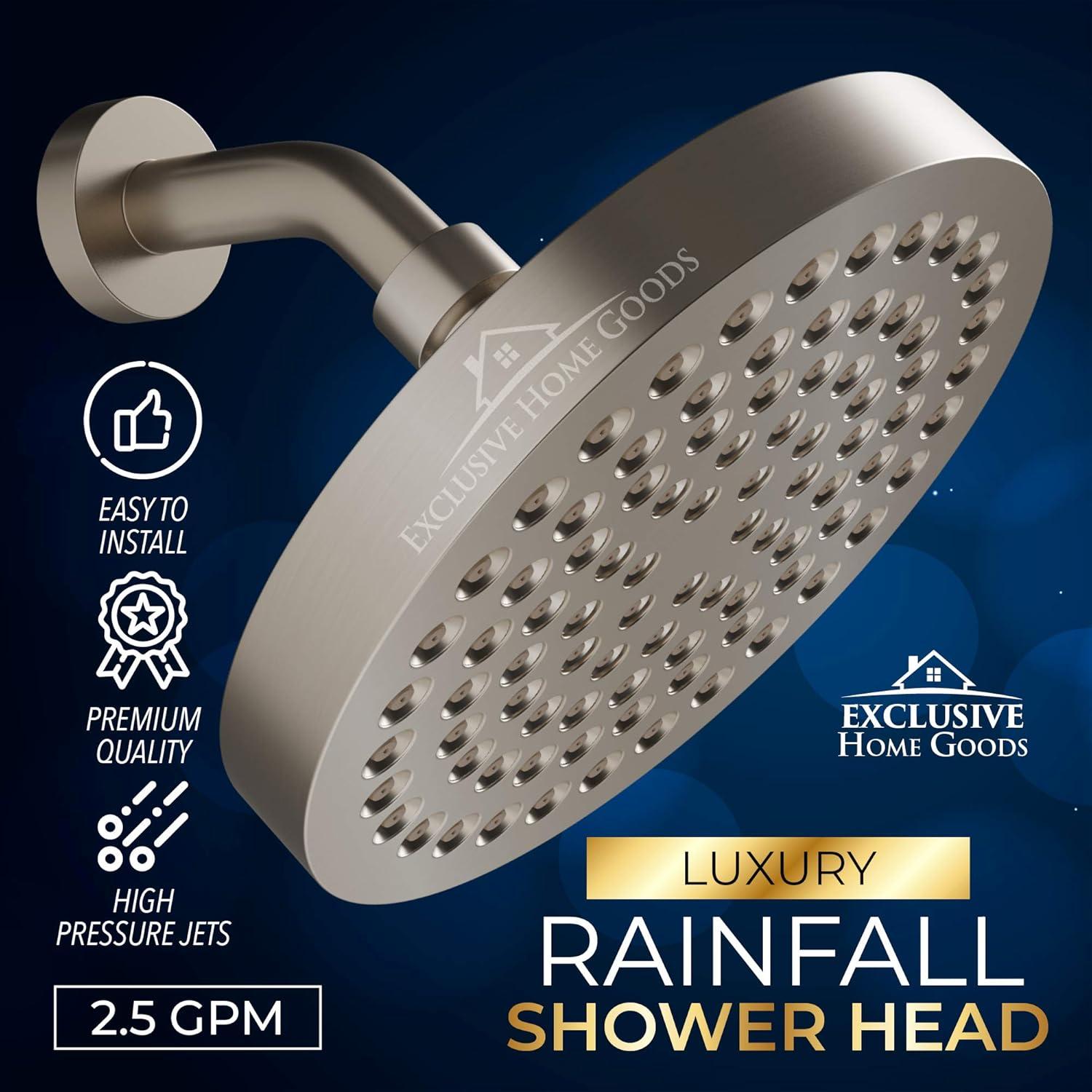 Exclusive Home Goods High Pressure Rainfall Shower Head with 360 Degree Rotation, 6" 2.5 GPM Deluxe Chrome
