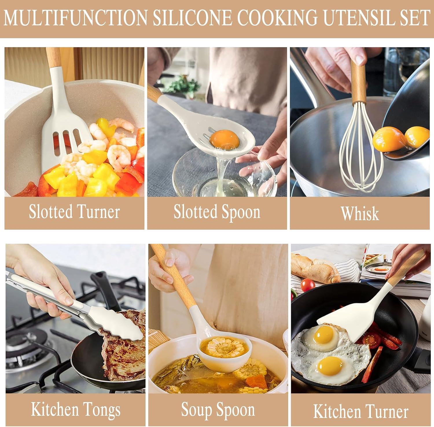 OhhGo 33PCS Silicone Cooking Utensils Set, 446°F Heat Resistant Wooden Handle Cooking Kitchen Utensils Spatula Set with Holder for Nonstick Cookware,Dishwasher Safe (BPA Free),White