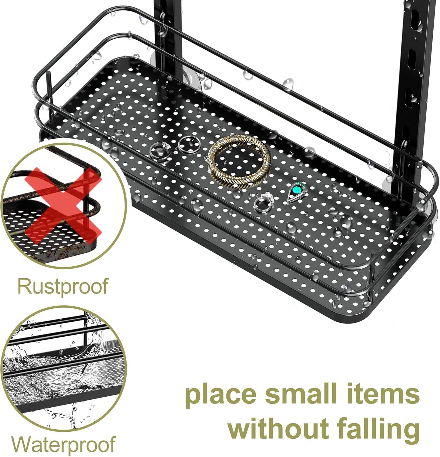 Adjustable Hanging Over the Shower Door Caddy with Hooks, Bathroom Organizer Shelf Storage Rack,No Drilling Rustproof Shower Basket for Inside Shower, Matt Black 3 Tier