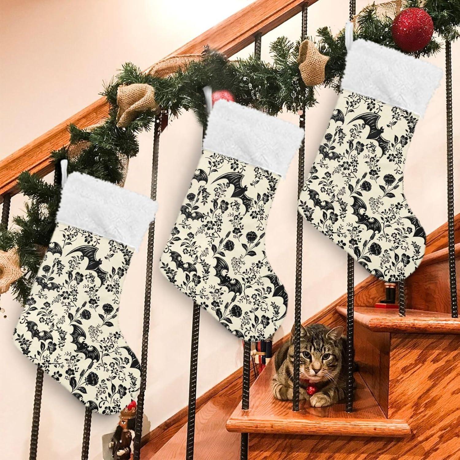 Hotbar Christmas Stocking Bats Silhouette, Plush Xmas Stockings Stair Fireplace Decoration for Holiday Party Festival 1 Pack