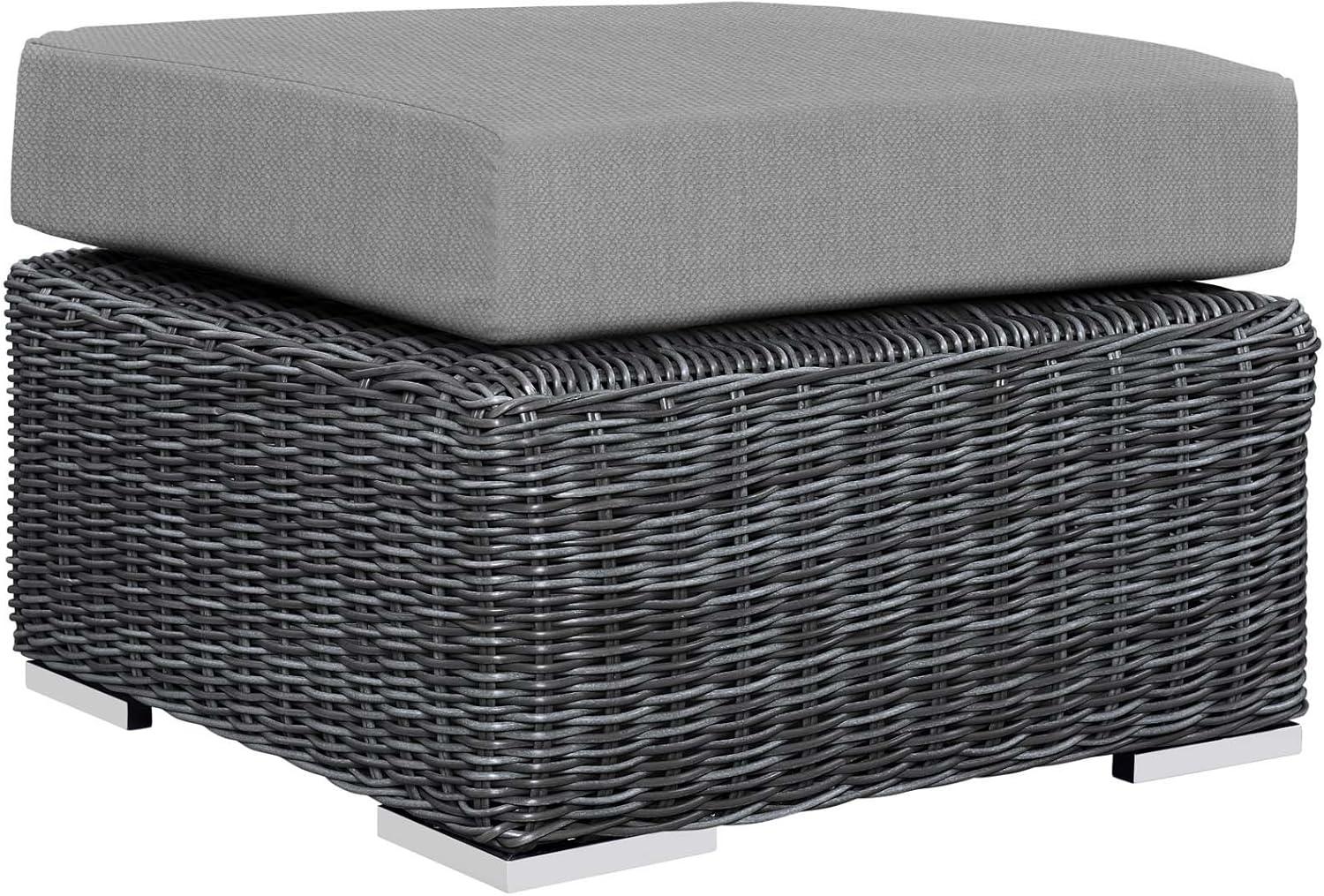 Gray Wicker Rattan Outdoor Patio Ottoman with Sunbrella Cushion