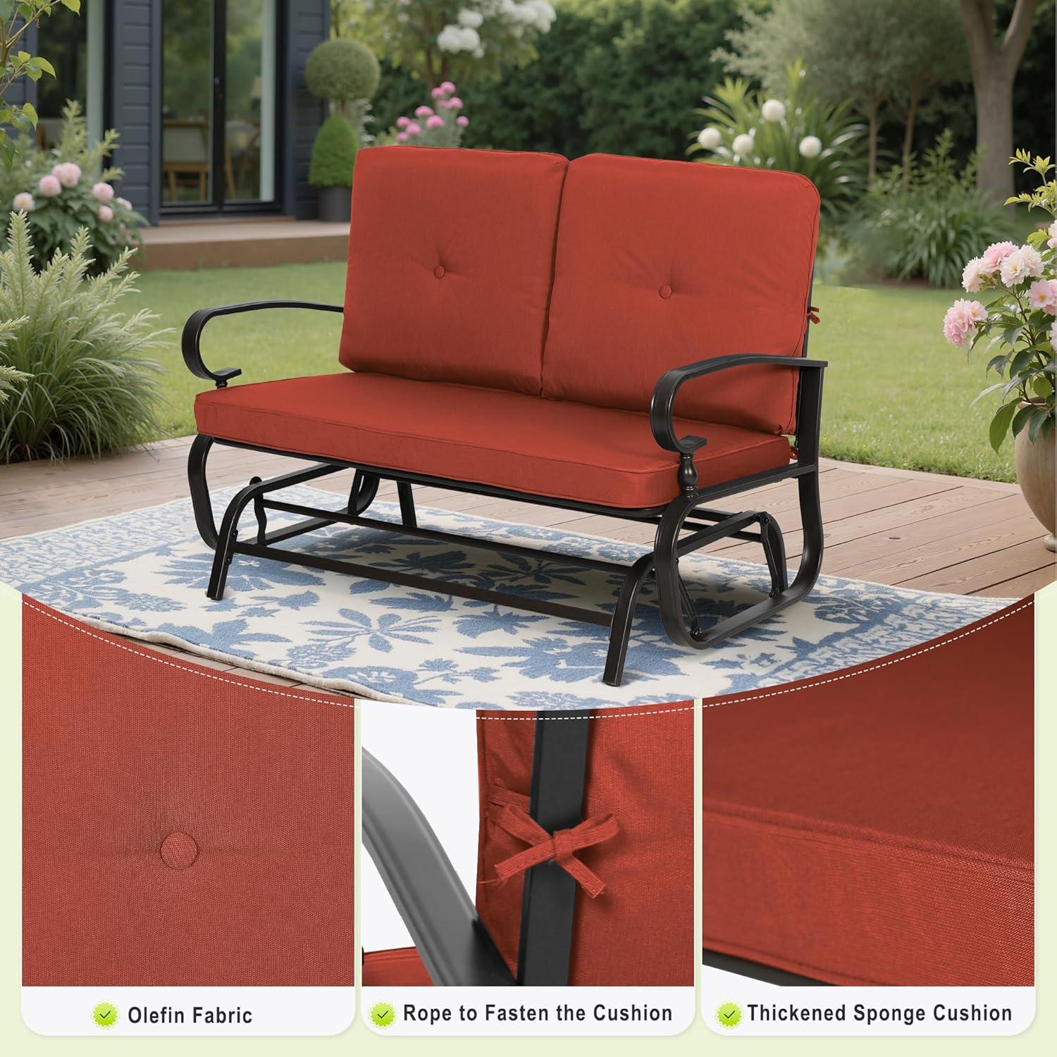 Outdoor Loveseat Patio Glider Rocking Bench 2 Seats Wrought Iron Chair Set with Red Cushion