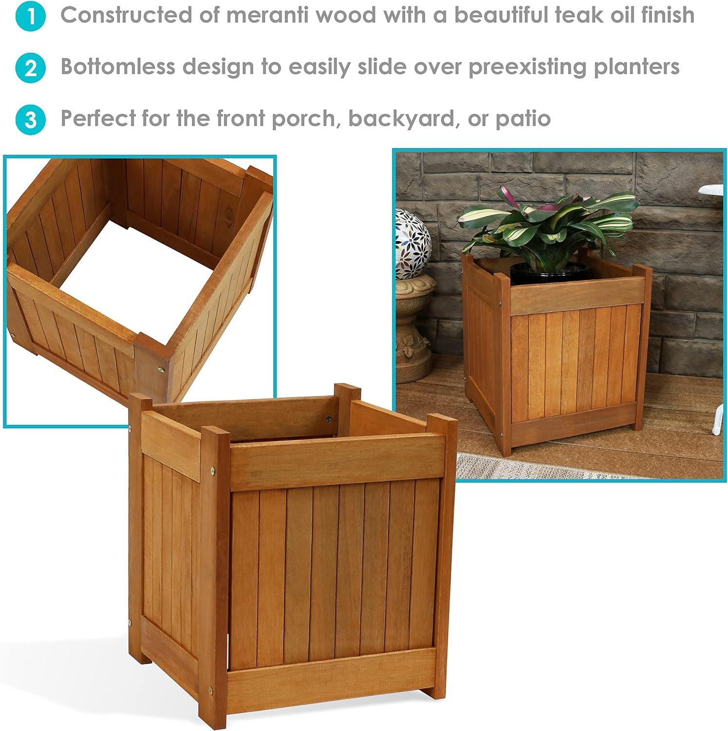 Sunnydaze Outside Meranti Wood Outdoor Planter Box with Teak Oil Finish for Garden, Porch and Patio - 16" Square
