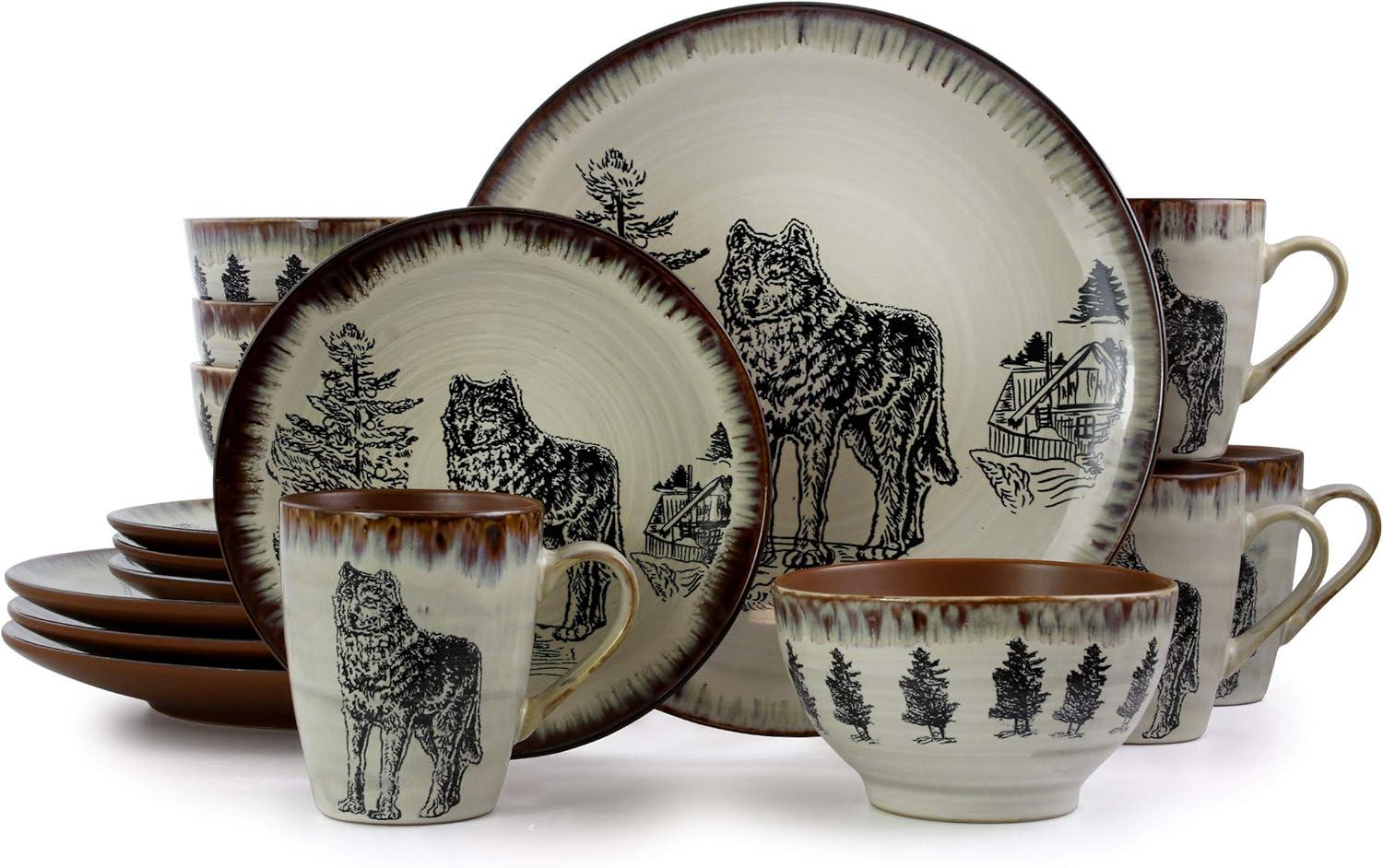 Majestic Wolf Taupe and Brown Ceramic Dinnerware Set, Service for 4