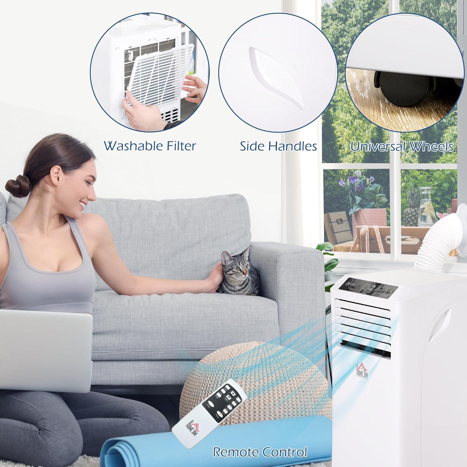 HOMCOM 10000 BTU Mobile Portable Air Conditioner with Cooling, Dehumidifier, Ventilating, Remote Control, 24-Hour Timer, Portable AC Unit for Bedroom, Living Room, Home Office, White