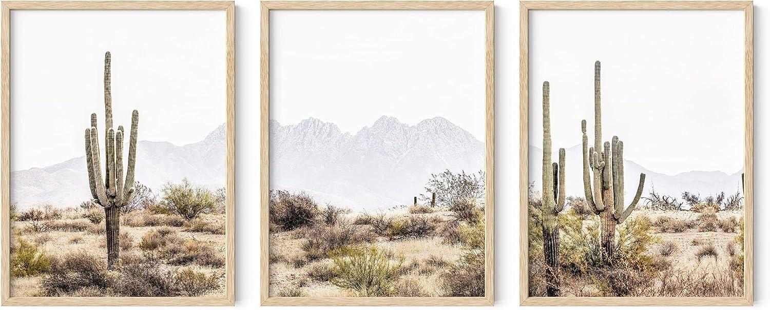 HAUS AND HUES Framed Western Wall Art - Set of 3 Desert Wall Art, Cactus Wall Decor, Framed Landscape Wall Art, Southwest Framed Art, Joshua Tree Wall Art, Framed Cactus Print (12x16, Beige Framed)