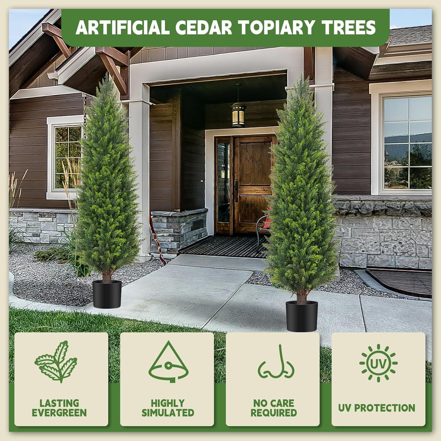 2 Pack 5 ft Artificial Cedar Tree UV Rated , Artificial Christmas Topiary Tree, Pre-Potted Plants for Indoor Outdoor Housewarming Gift Home Decor, DR.Planzen