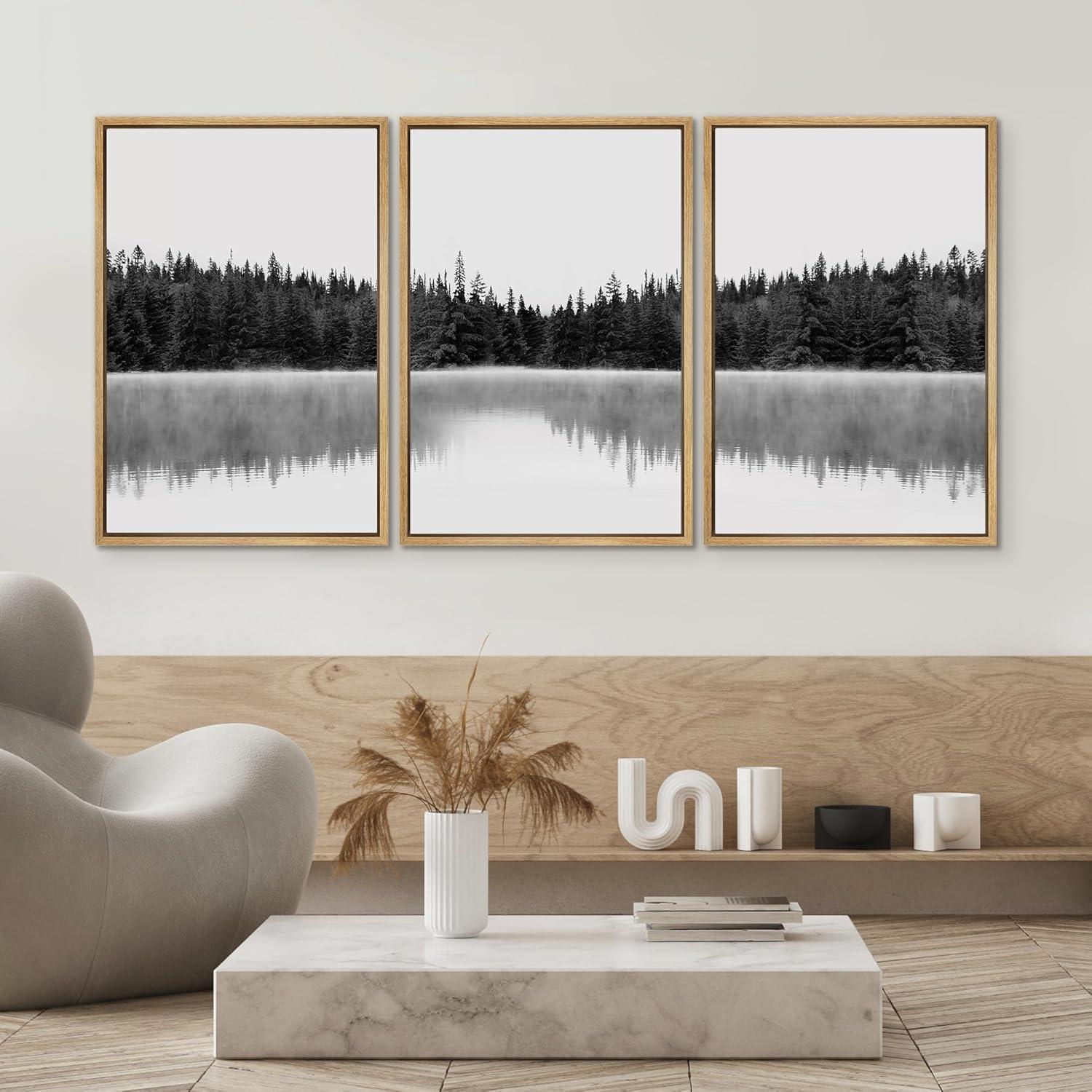 Nature Landscape " Woodland Nursery Decor Black And White Forest With Lake Nature Abstract " 3 - Pieces