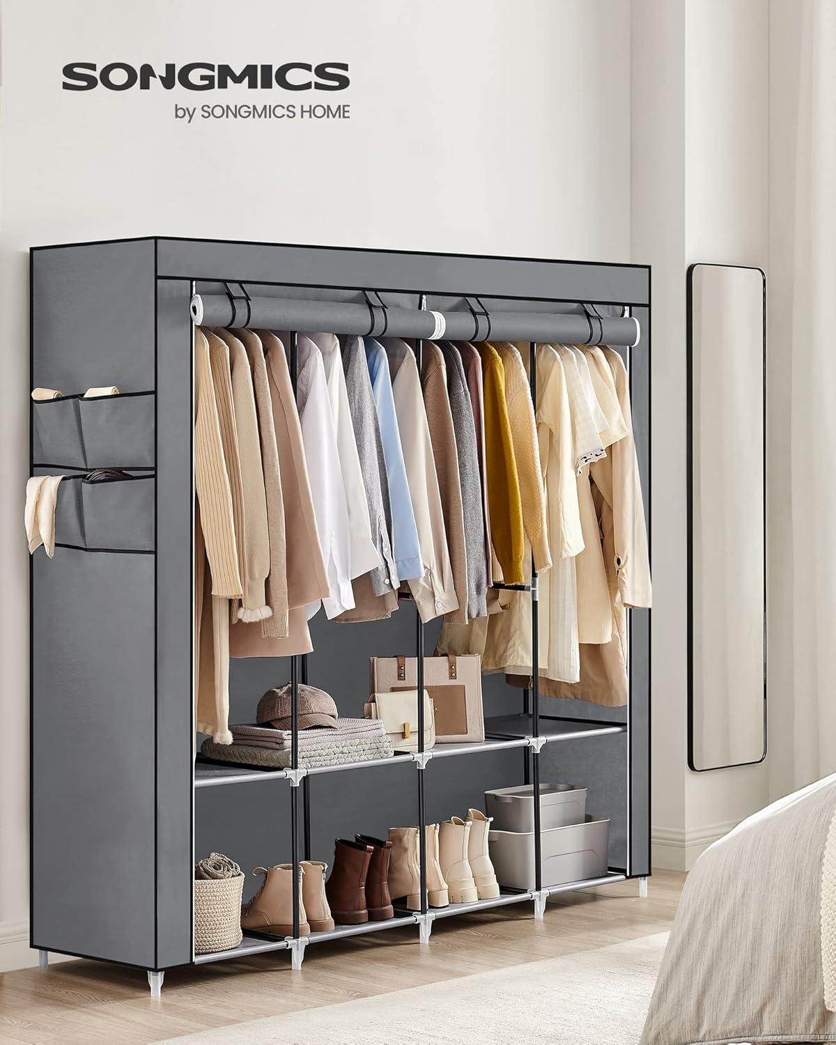 Gray Portable Closet System with Shelves and Hanging Rods