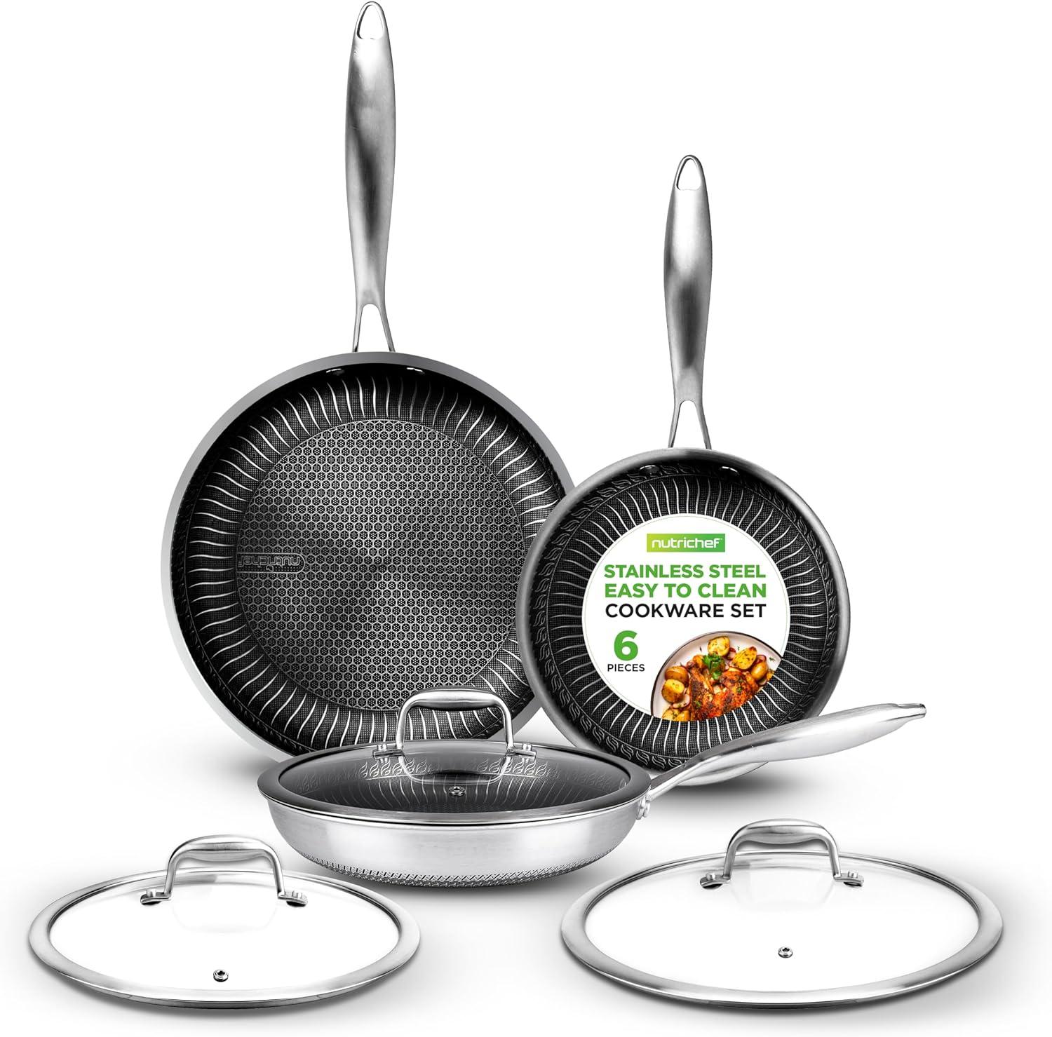 NutriChef 6-Piece Nonstick Tri-Ply Stainless Steel Cookware Set with Lids