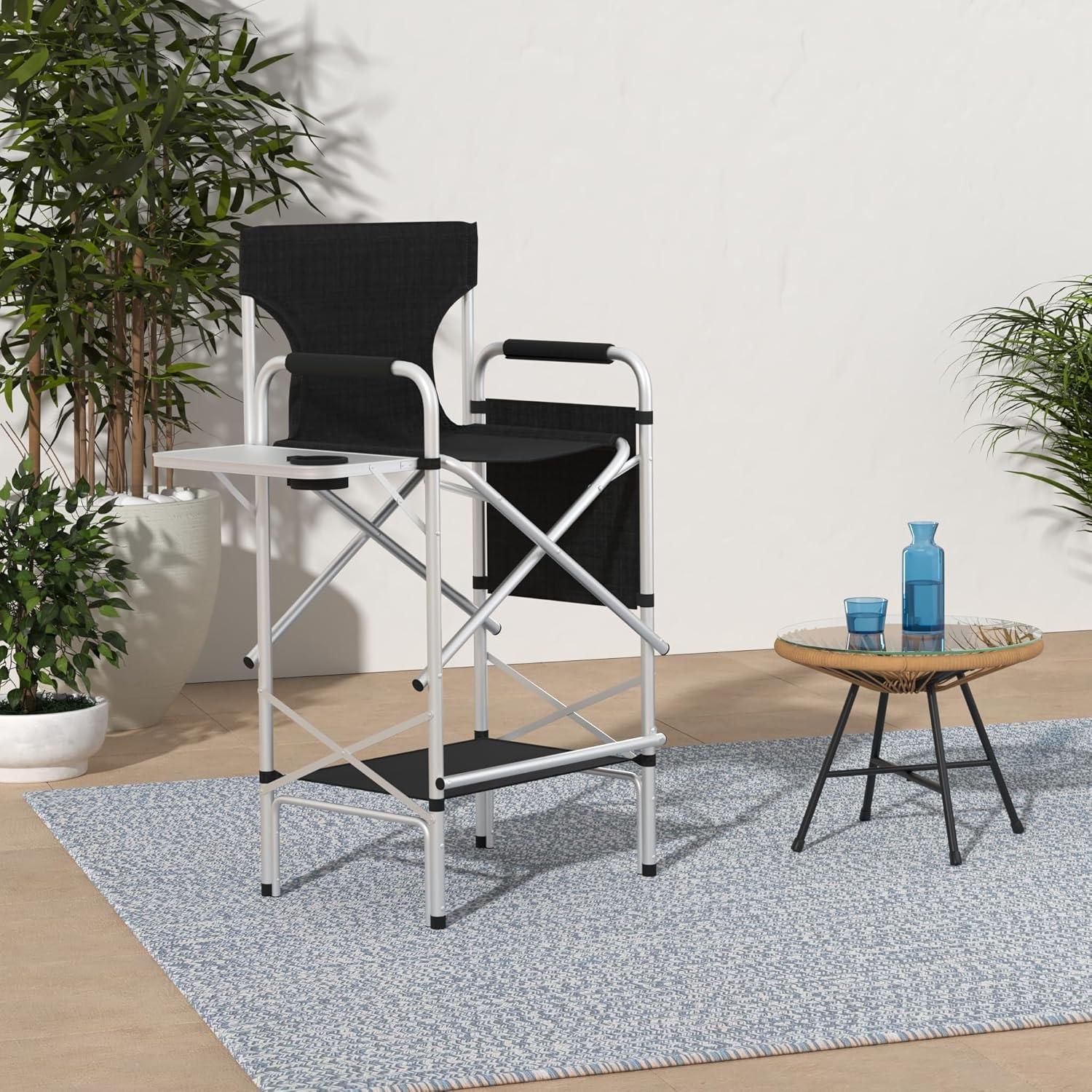 Black Tall Folding Directors Chair with Aluminum Frame and Storage Bag