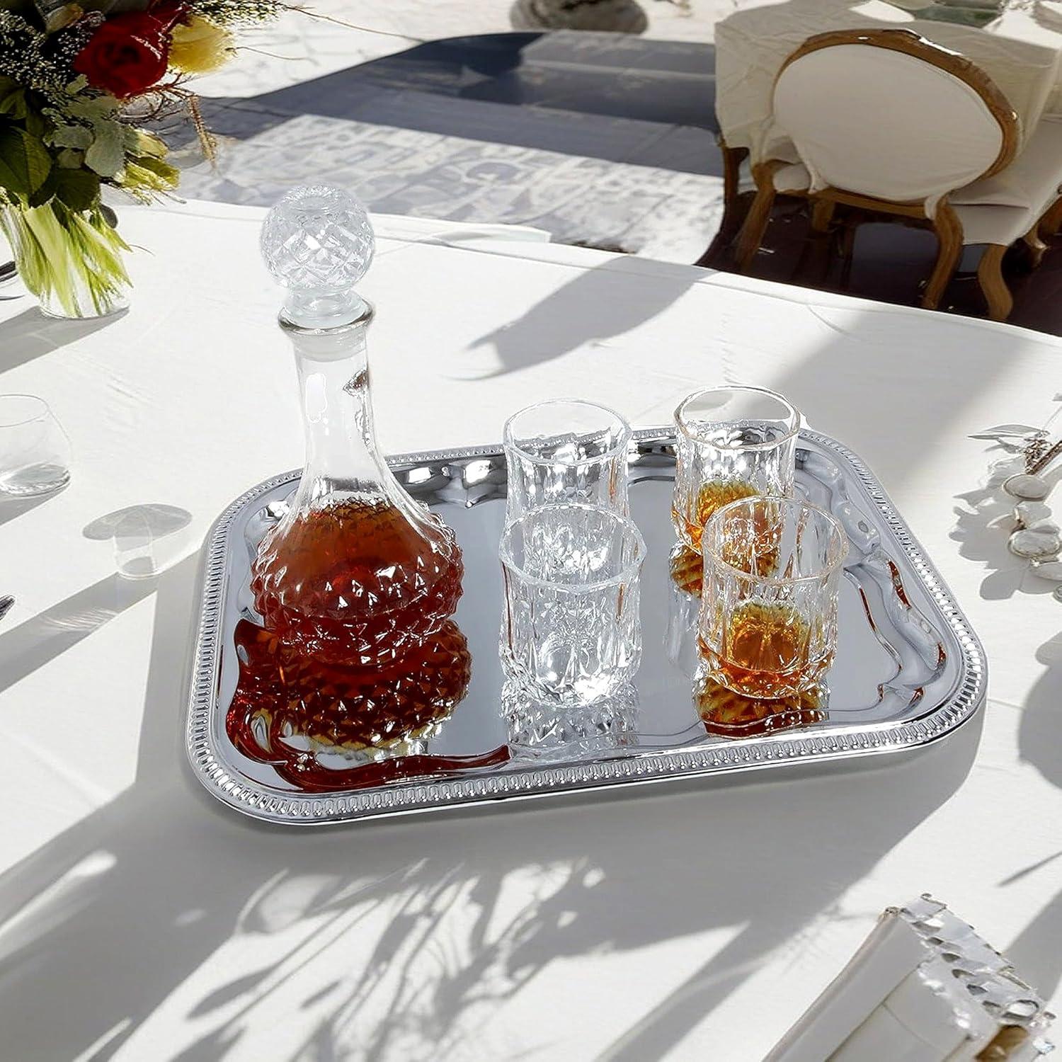 (Pack of 4 16.1-Inch x 12.2-Inch Oblong Rectangular Trim Victoria Floral Engraved Catering Chrome Plated Serving Plate Mirror Food Candle Deco Art Tray Platter Party(Medium) T227-4pk