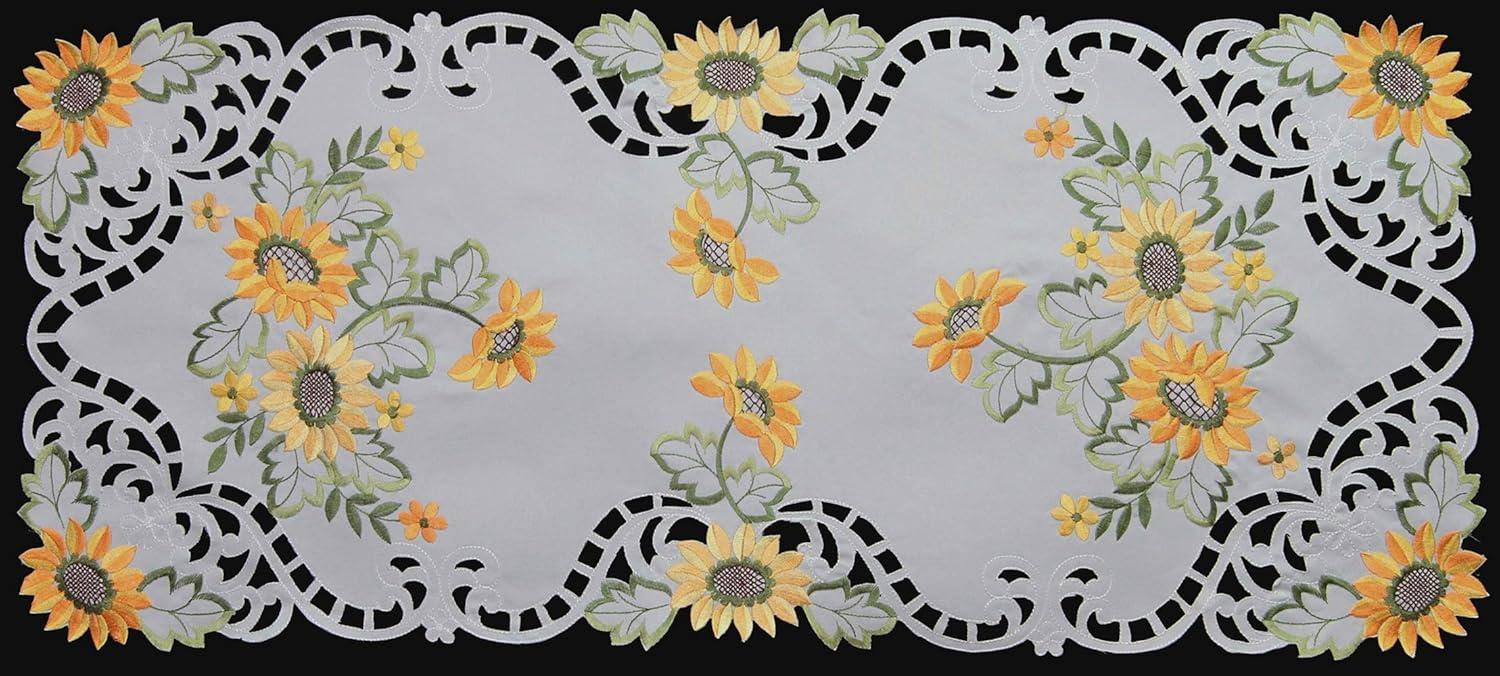 White Embroidered Sunflower Cutwork Table Runner 15x34