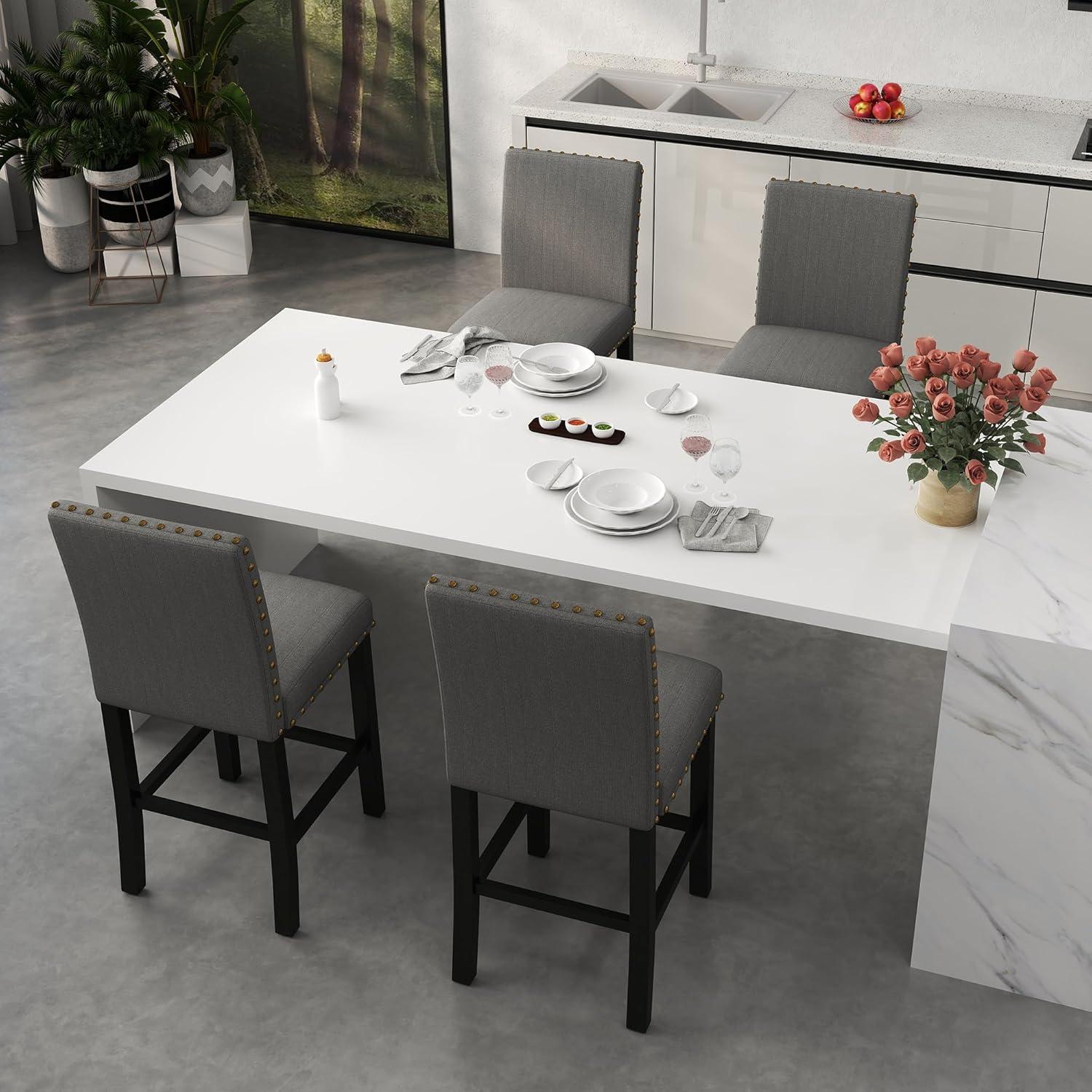 GOTMINSI Counter Height Bar Stool, Classic Upholstered 24 Inches Counter Height Stools Set of 4 barstools with Solid Wood Legs and Grey Fabric