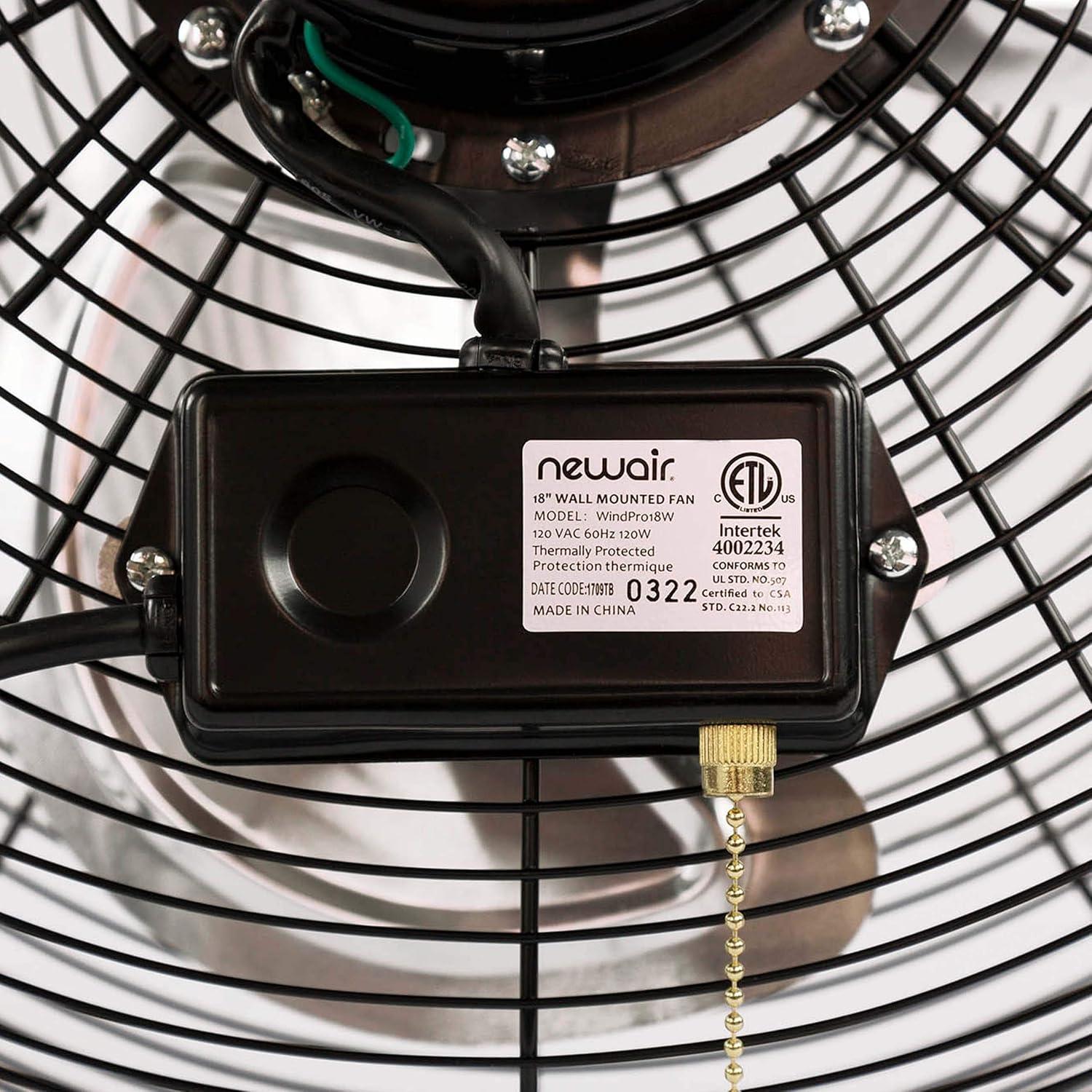 Newair Newair 18" High Velocity Wall Mount Fan, Heavy Duty Outdoor Fan, Adjustable Tilt and 3 Speeds up to 4012 CFM, Pull Chain Switch