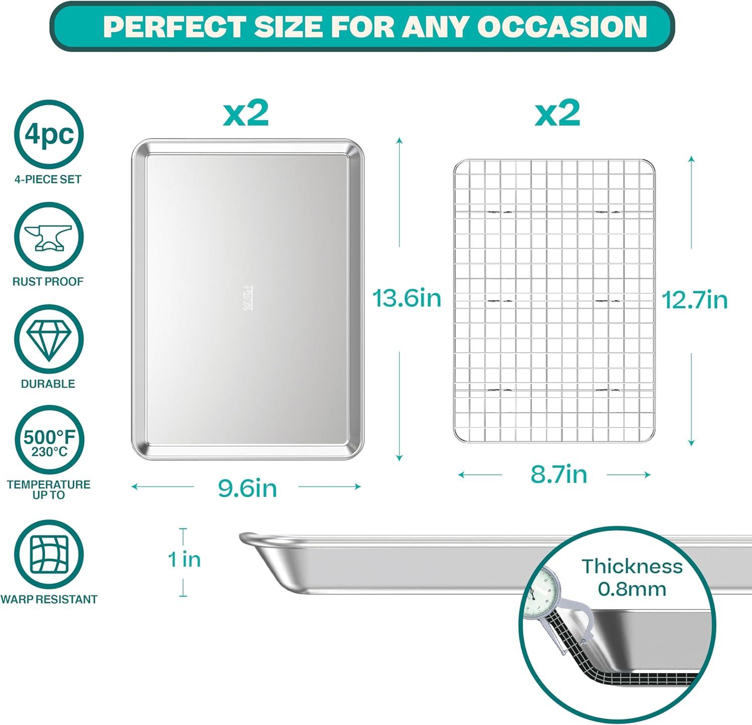 100% Recycled Aluminum by Baker's Secret, Bakeware Set 4pcs, 2x Baking Trays for Oven Cookie Sheet 18" with 2x Stainless Steel Rack Never Rust - The Natural Aluminum Collection