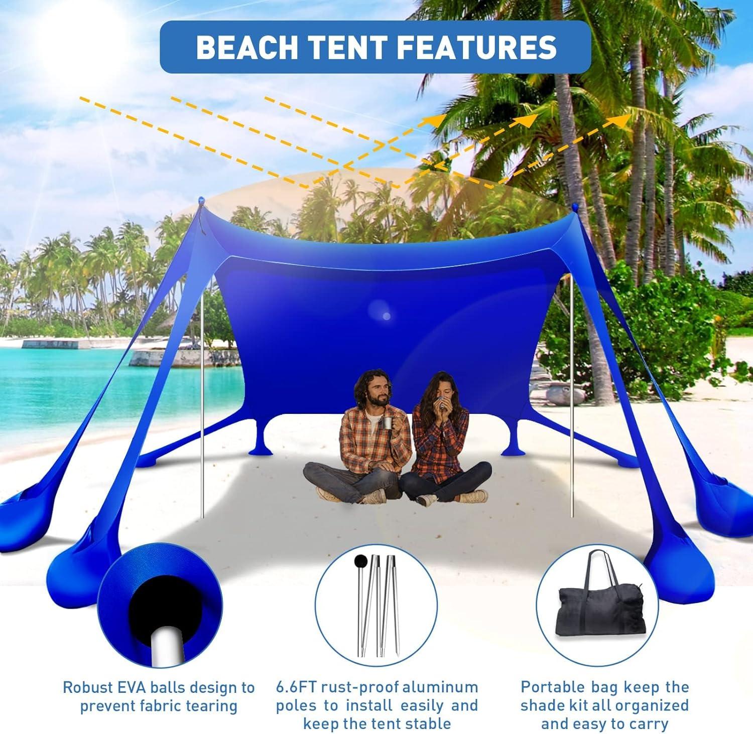 Beach Tent Canopy Pop Up Shade 10x10ft Sun Shelter Portable Family UPF50+ with 8 Sandbags-2 Sand Shovel-4 Aluminum Poles-Ground Pegs-Carrying Bag for Outdoor Camping Fishing Backyard Picnic