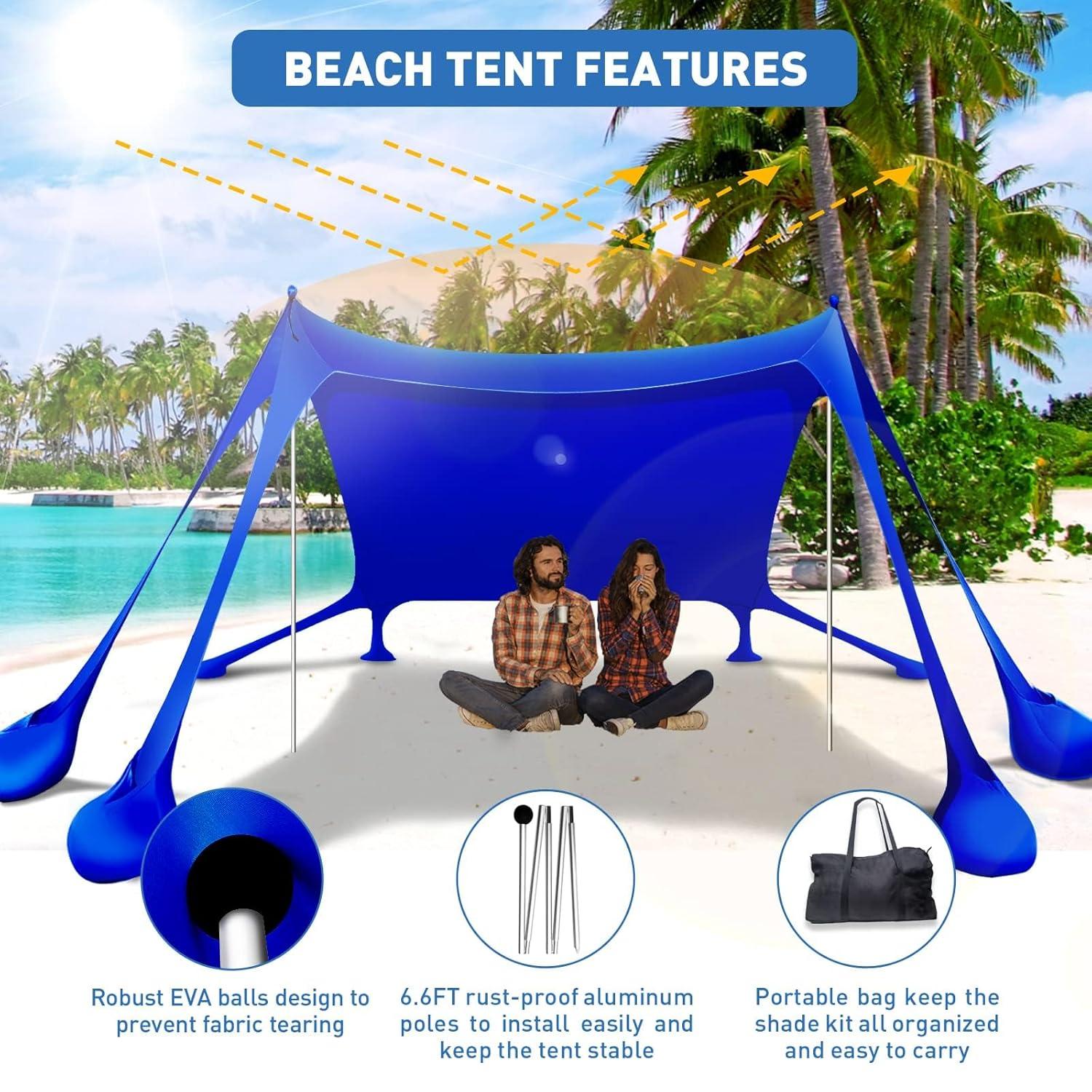 Beach Tent Canopy Pop Up Shade 10x10ft Sun Shelter Portable Family UPF50+ with 8 Sandbags-2 Sand Shovel-4 Aluminum Poles-Ground Pegs-Carrying Bag for Outdoor Camping Fishing Backyard Picnic