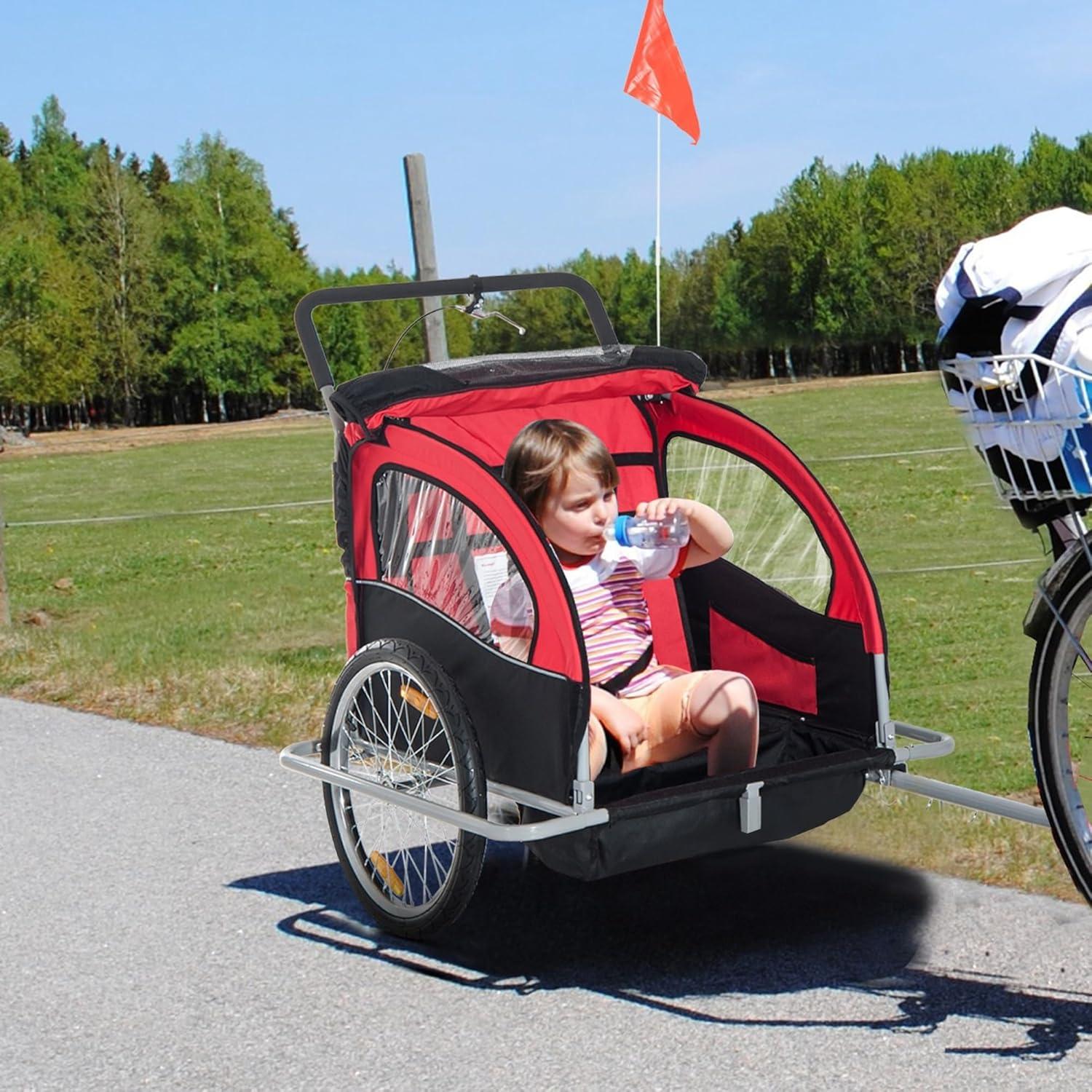 Aosom Elite Three-Wheel Bike Trailer for Kids Bicycle Cart for Two Children with 2 Security Harnesses & Storage, Red